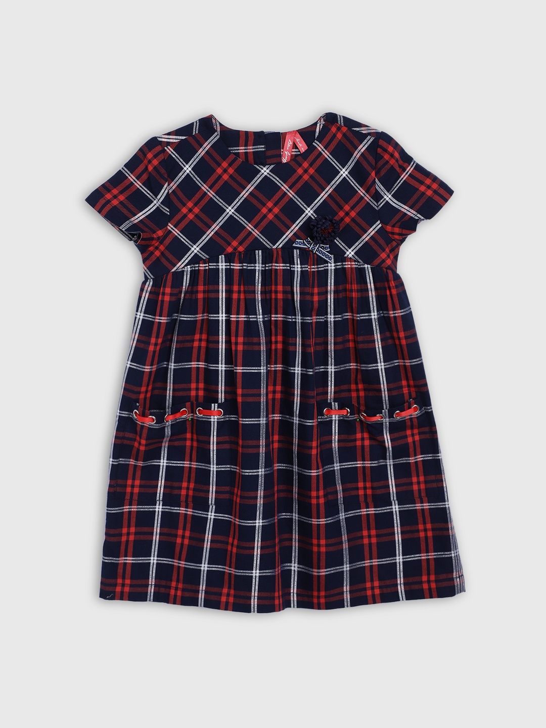 

Blue Giraffe Girls Navy Blue & Red Checked A-Line Dress