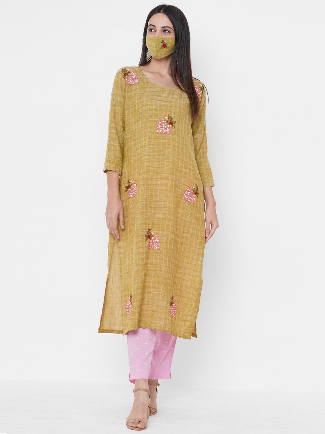 

Fashor Women Mustard Yellow Pink Checked Patchwork Kurta