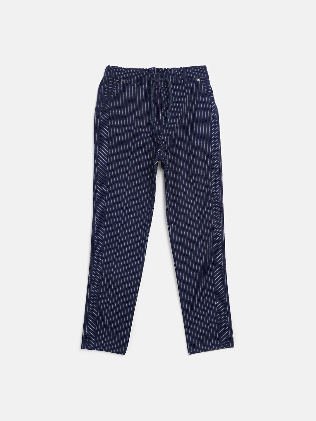 

Blue Giraffe Boys Navy Blue & White Regular Fit Striped Regular Trousers