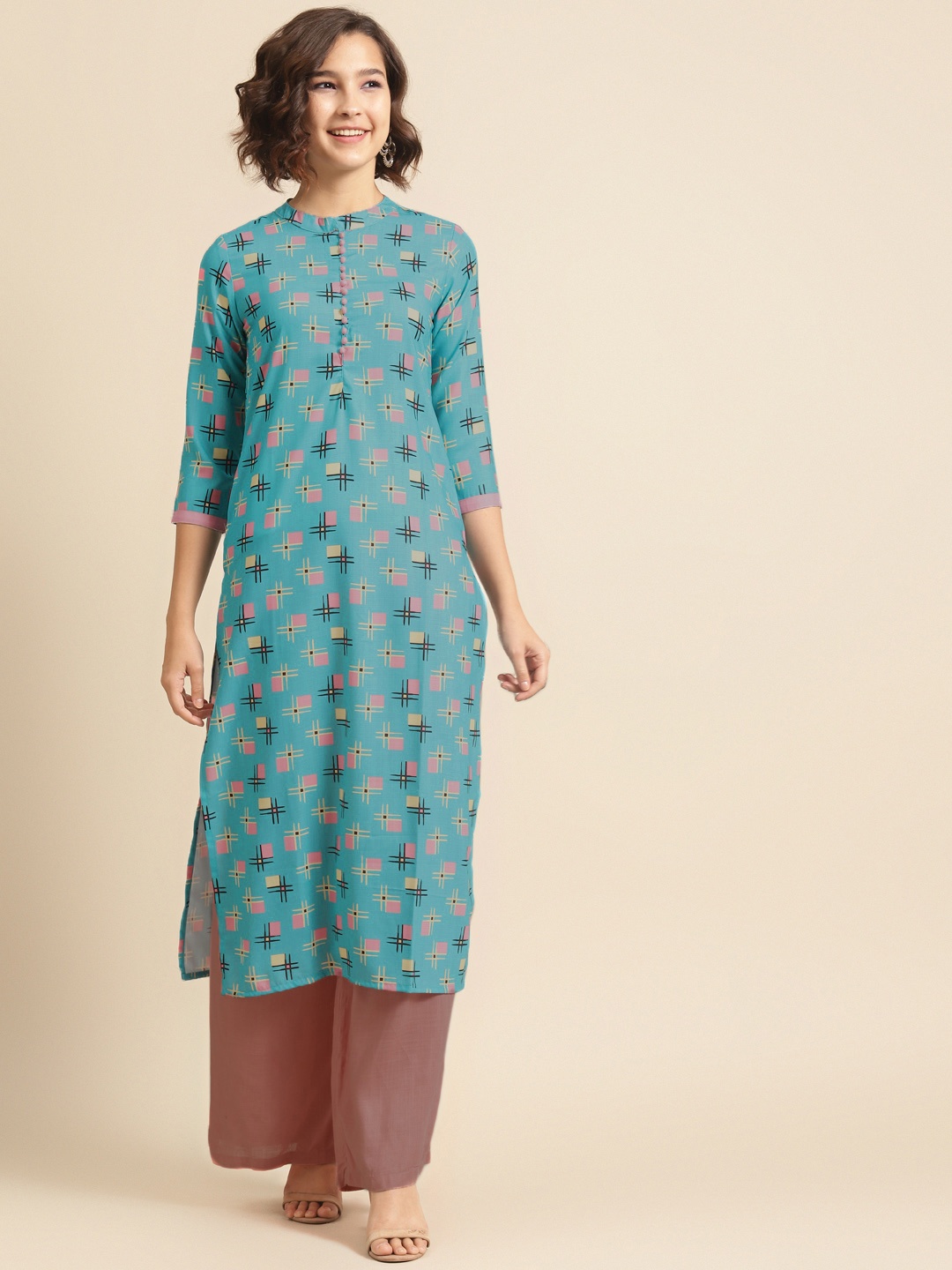 

DIVA WALK Women Blue & Pink Geometric Digital Printed Straight Kurta