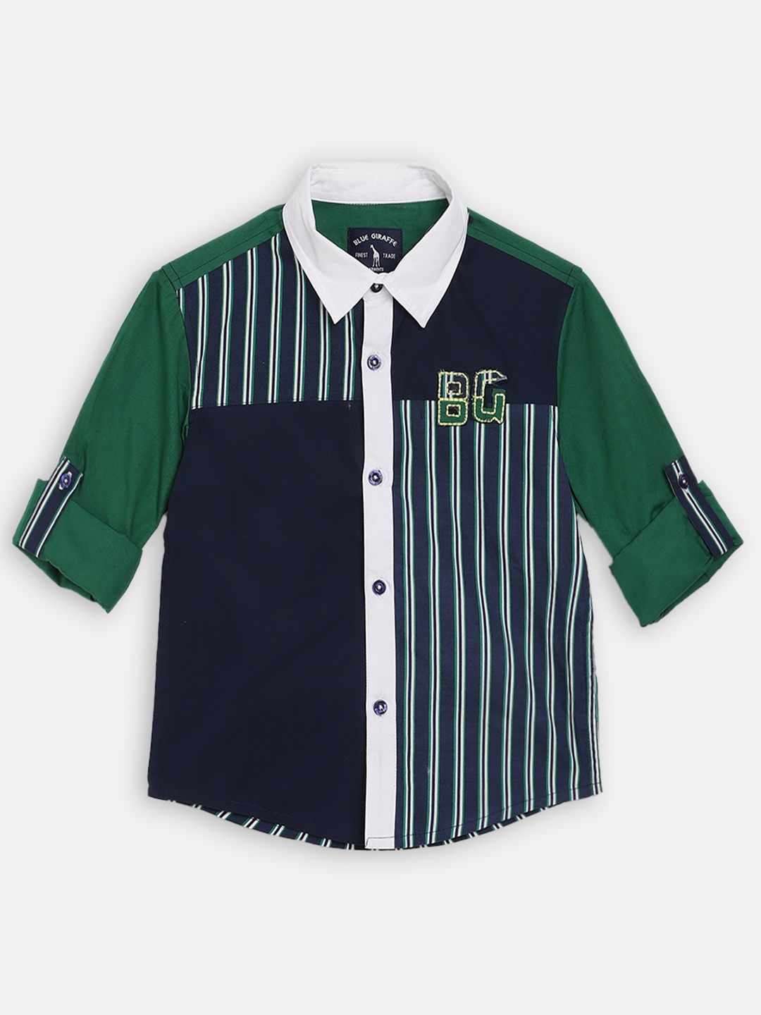 

Blue Giraffe Boys Navy Blue & Green Regular Fit Colourblocked Casual Shirt