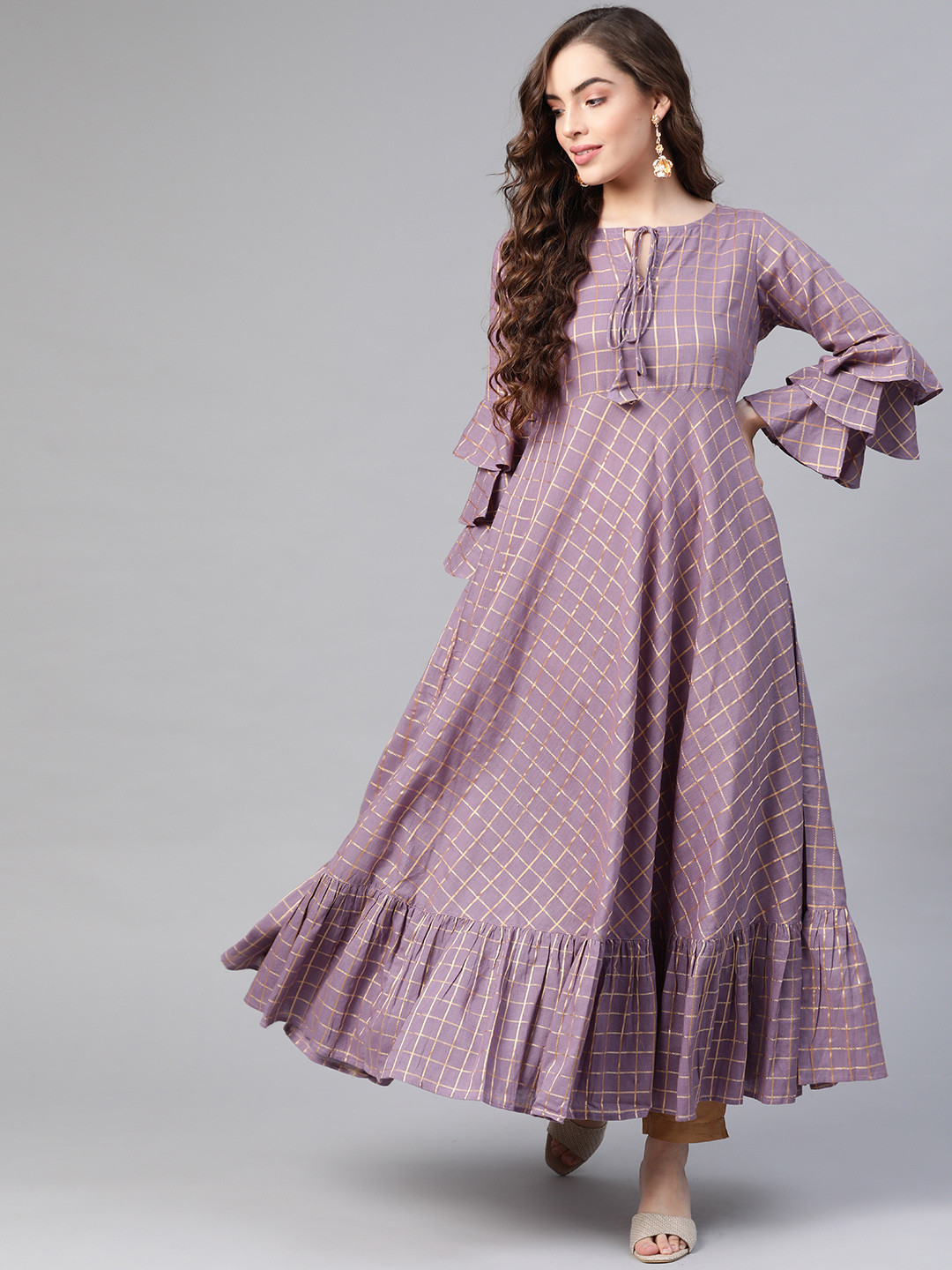 

MBE Women Purple & Golden Printed Bell Sleeves Anarkali Kurta