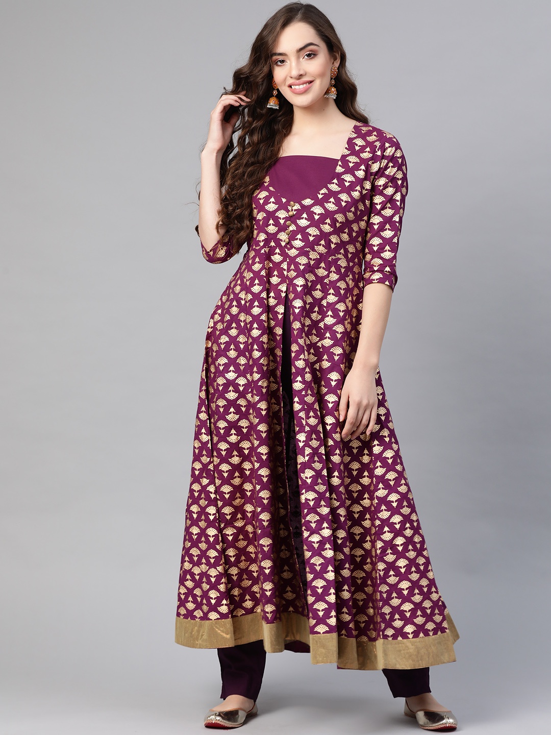 

MBE Women Maroon & Golden Ethnic Motifs Printed Anarkali Kurta