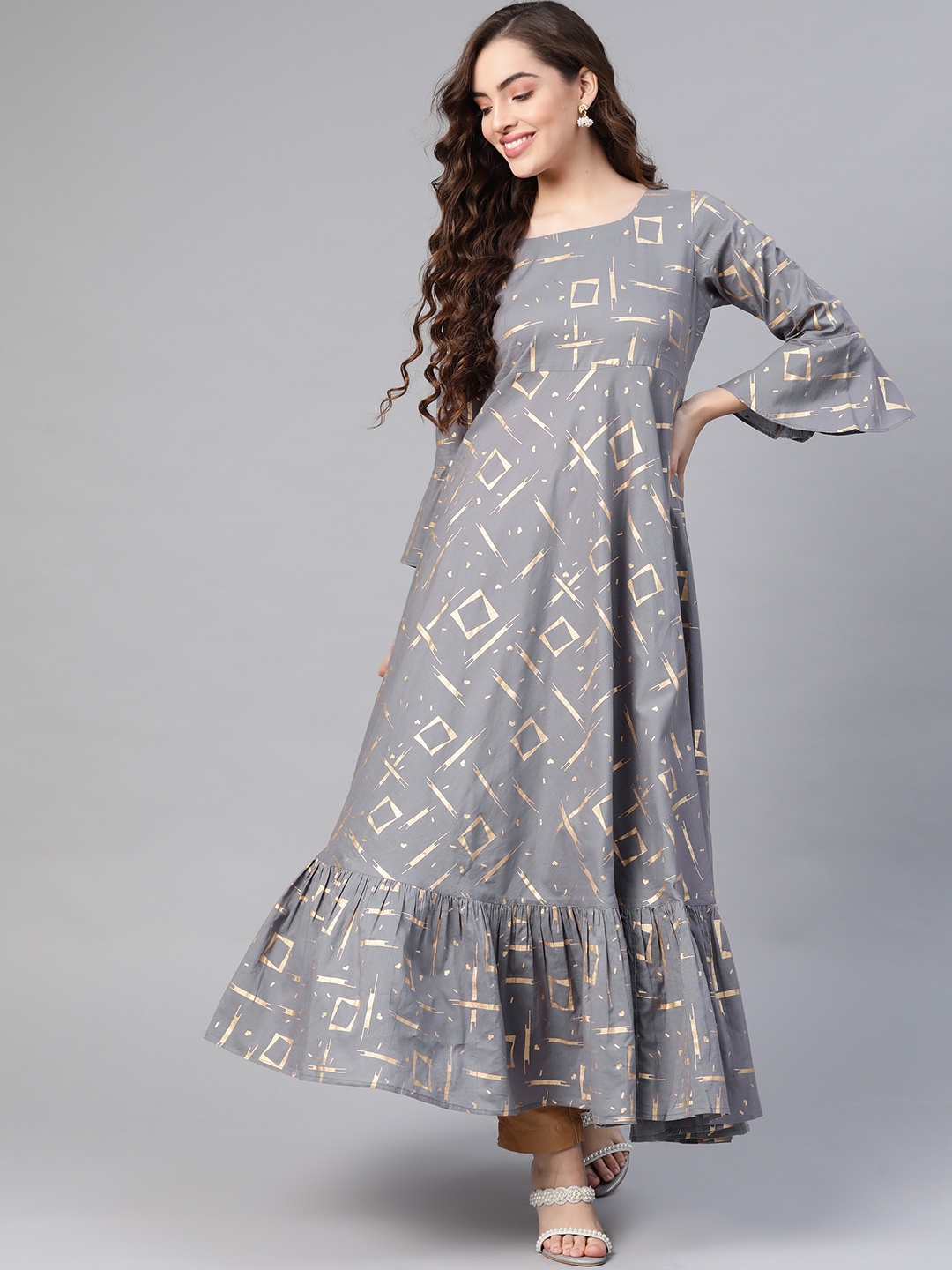 

MBE Women Grey & Golden Cotton Geometric Printed Anarkali Kurta