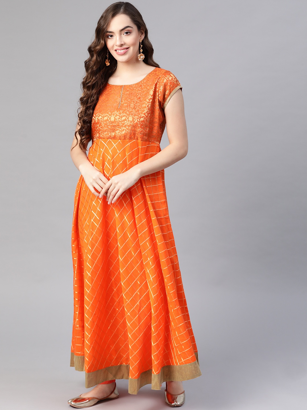 

MBE Women Orange & Golden Checked Pure Cotton Anarkali Kurta