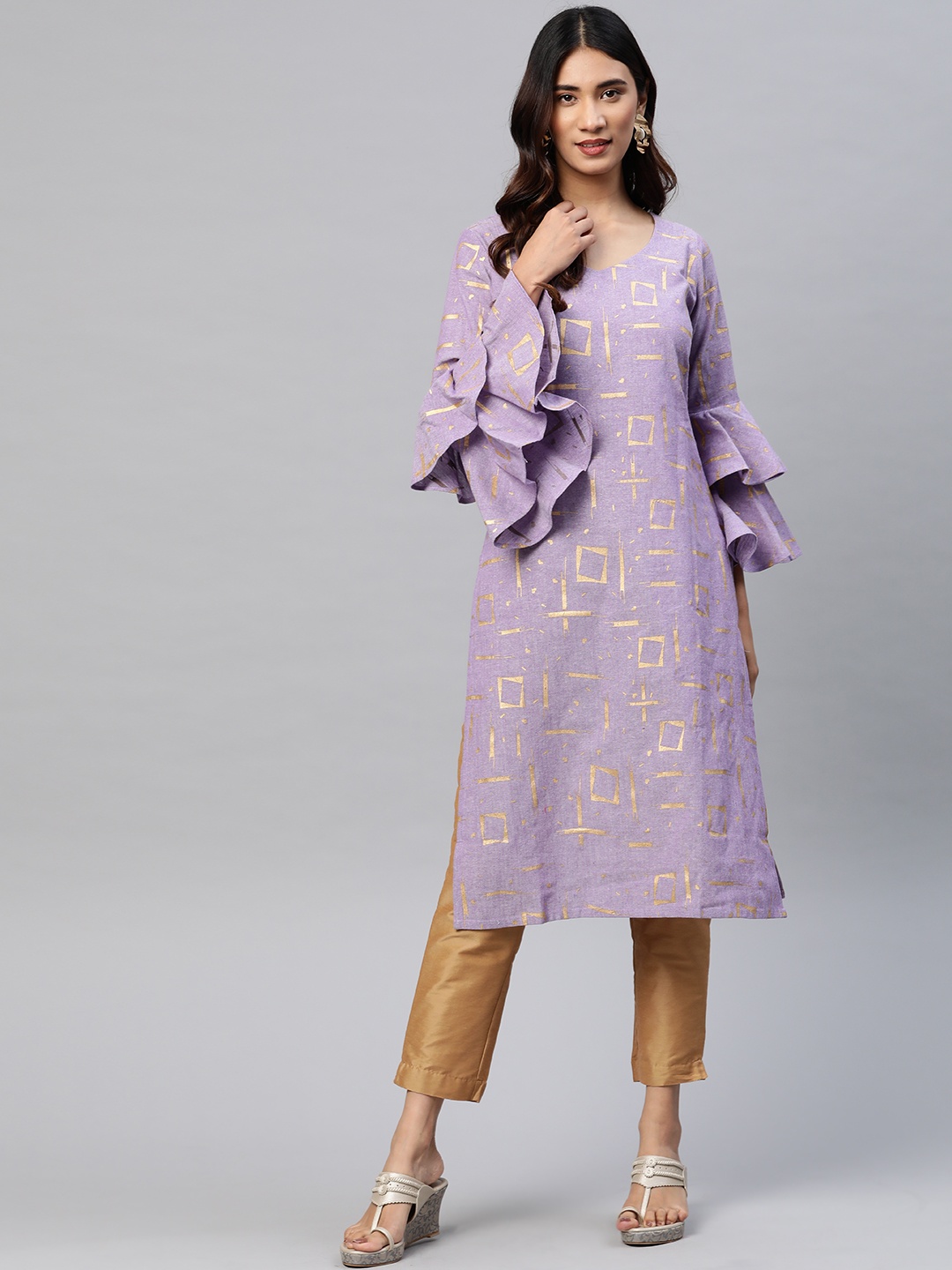 

MBE Women Lavender & Beige Pure Cotton Geometric Printed Bell Sleeves Kurta