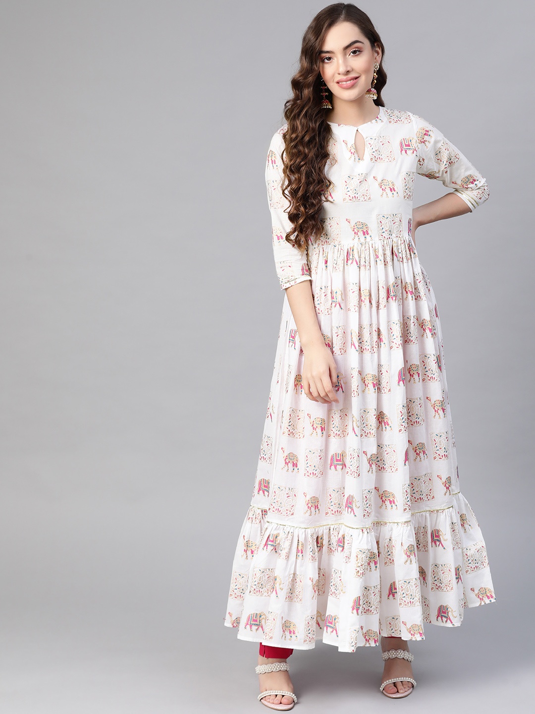 

MBE Women White & Pink Ethnic Motifs Printed Gotta Patti Anarkali Kurta