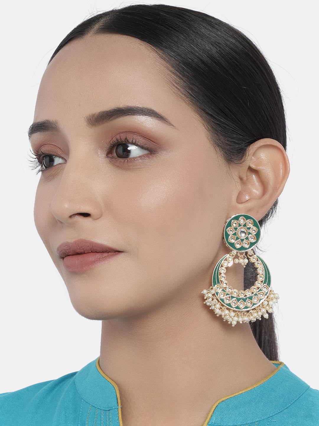 

I Jewels Green Gold Plated Handcrafted Enamel Crescent Shaped Chandbalis
