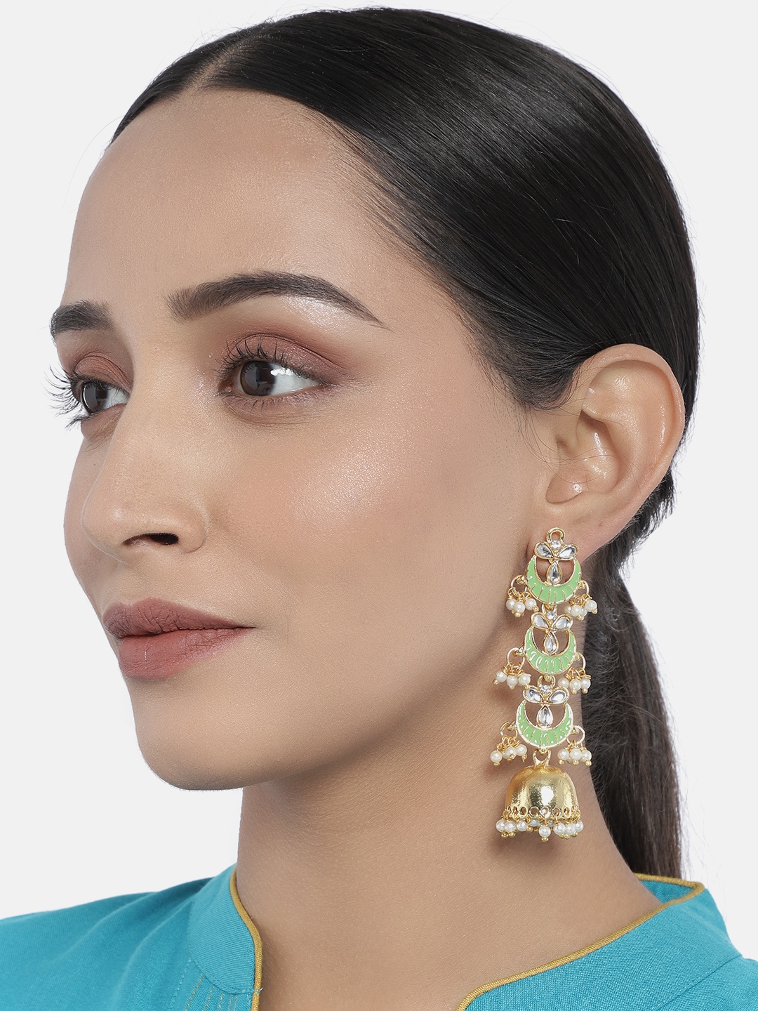 

I Jewels Gold Plated Green Handcrafted Enamel Dome Shaped Jhumkas