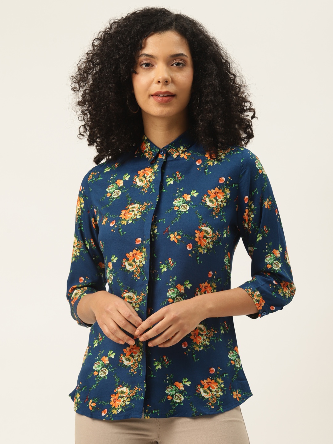 

Hancock Women Teal Blue & Green Floral Print Slim Fit Formal Shirt