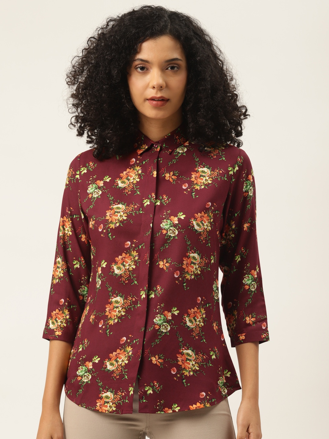 

Hancock Women Maroon & Coral Orange Floral Print Slim Fit Formal Shirt