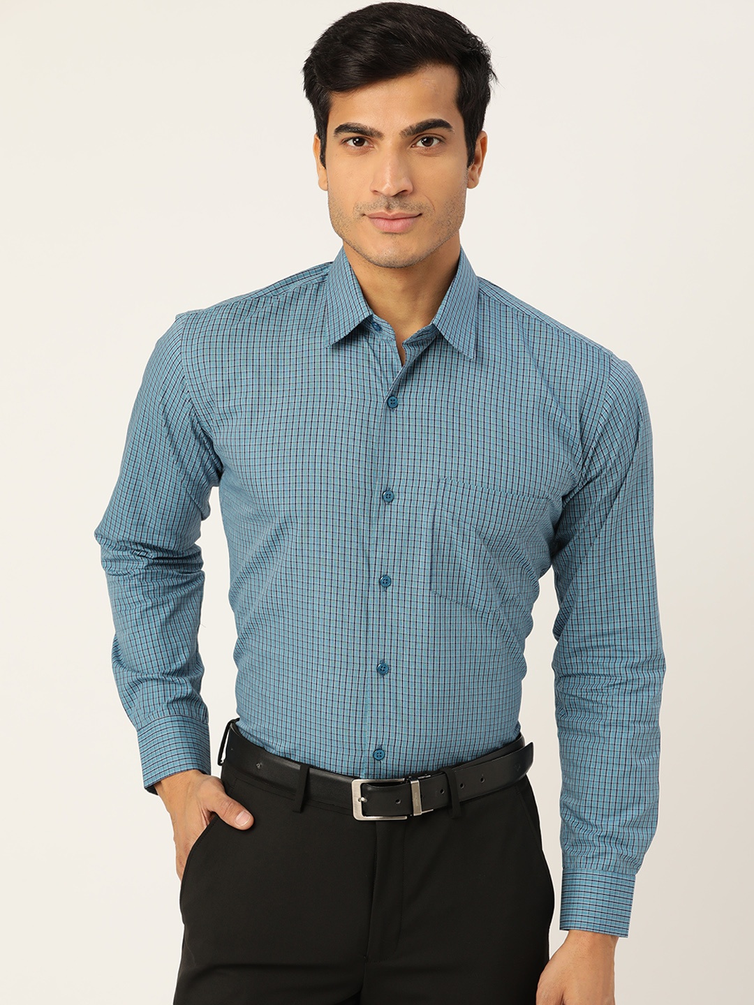 

Hancock Men Blue Cotton Slim Fit Checked Formal Shirt