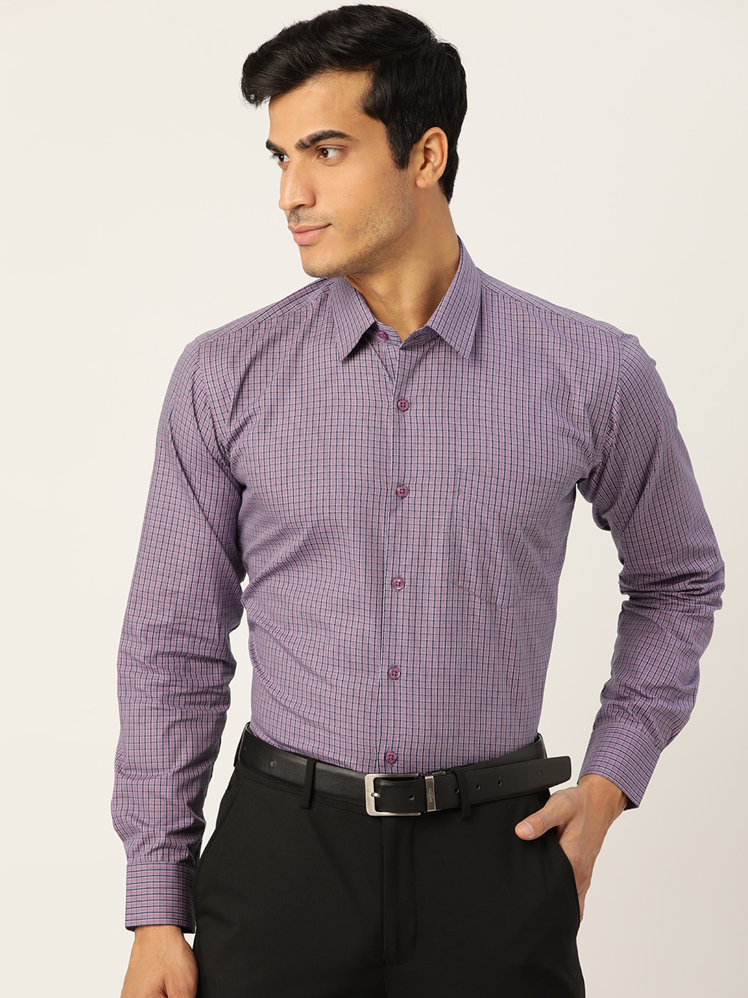 

Hancock Men Purple & Navy Blue Cotton Slim Fit Checked Formal Shirt
