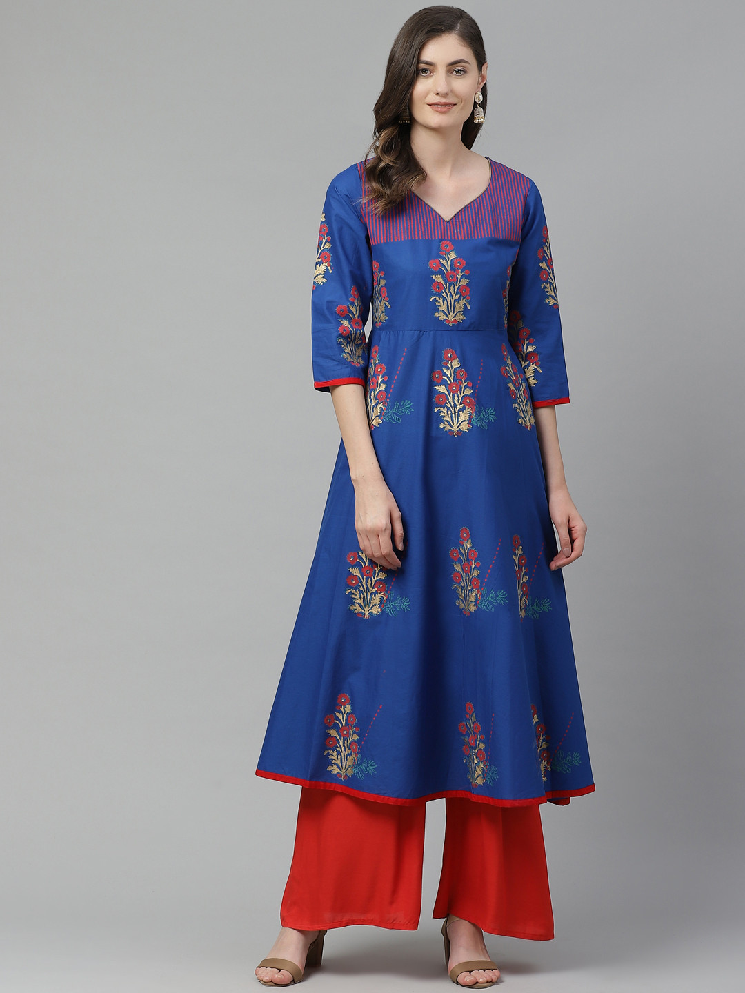 

Akshatani Women Blue & Golden Cotton Ethnic Motifs Hand Block Print A-Line Kurta