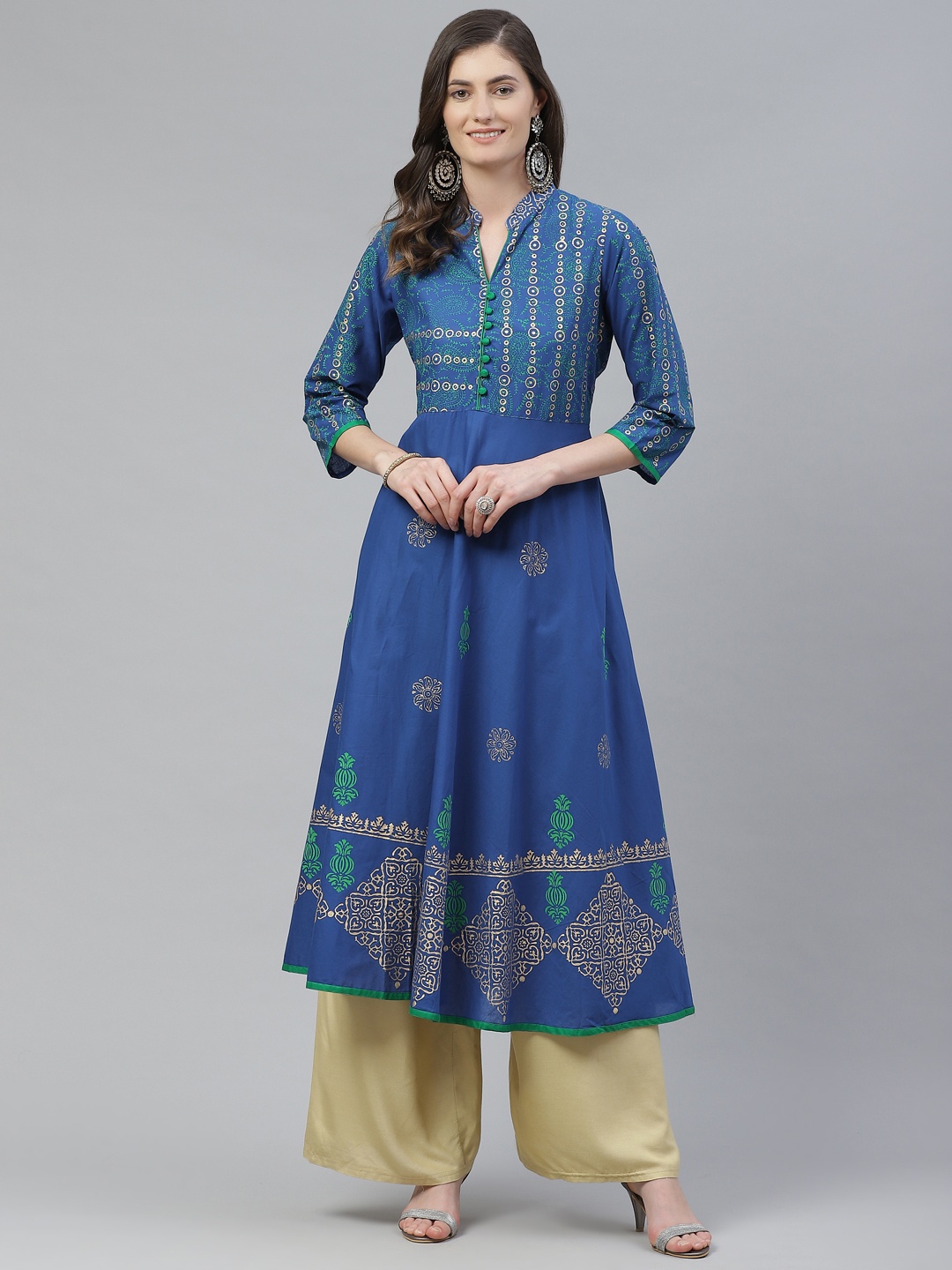 

Akshatani Women Blue & Golden Cotton Ethnic Motifs Hand Block Print A-Line Kurta