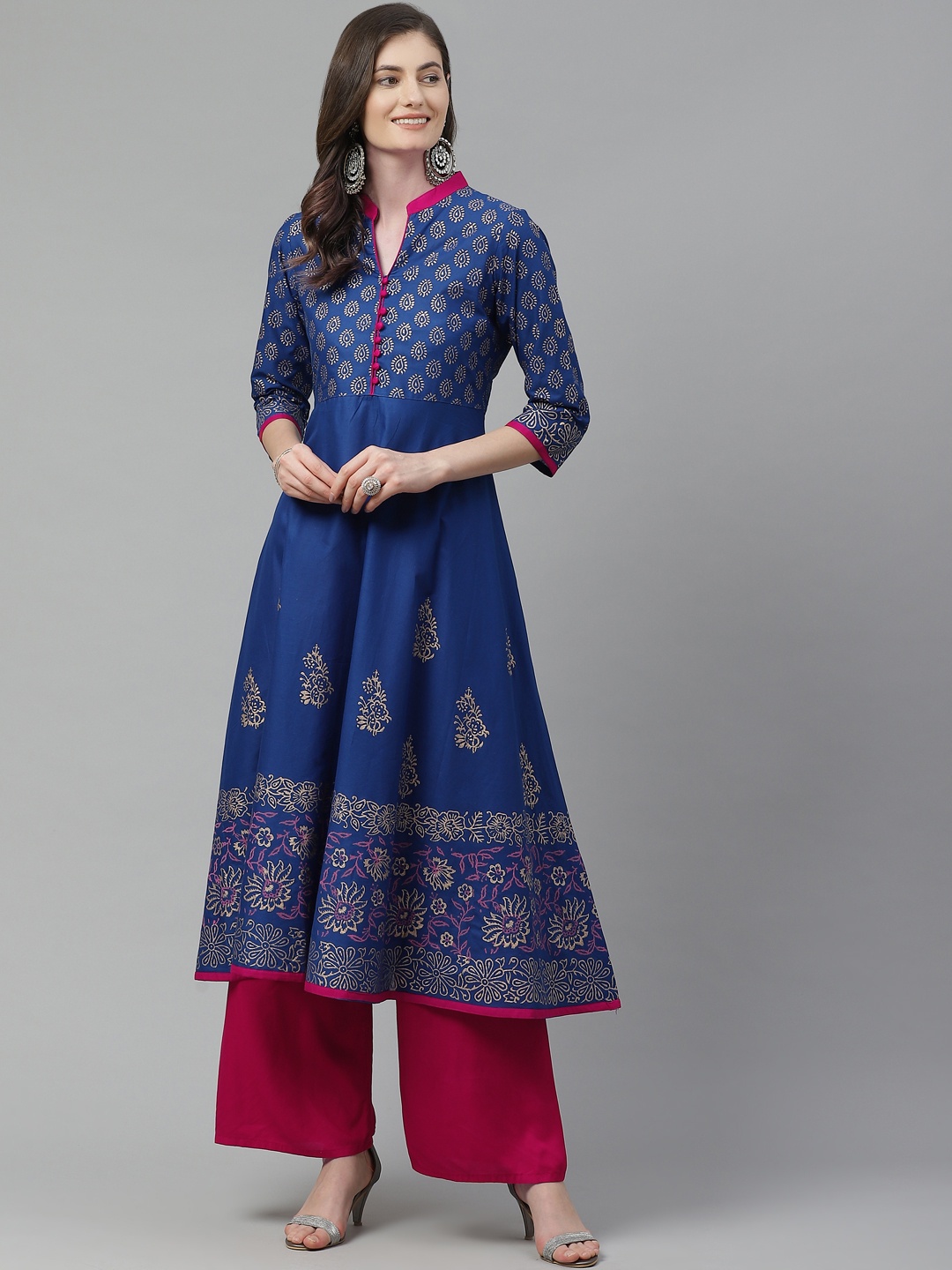 

Akshatani Women Blue & Golden Cotton Ethnic Motifs Hand Block Print A-Line Kurta