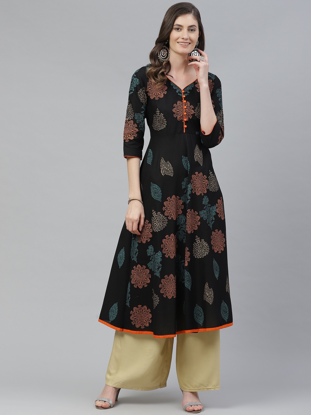 

Akshatani Women Black & Orange Cotton Ethnic Motifs Hand Block Print A-Line Kurta