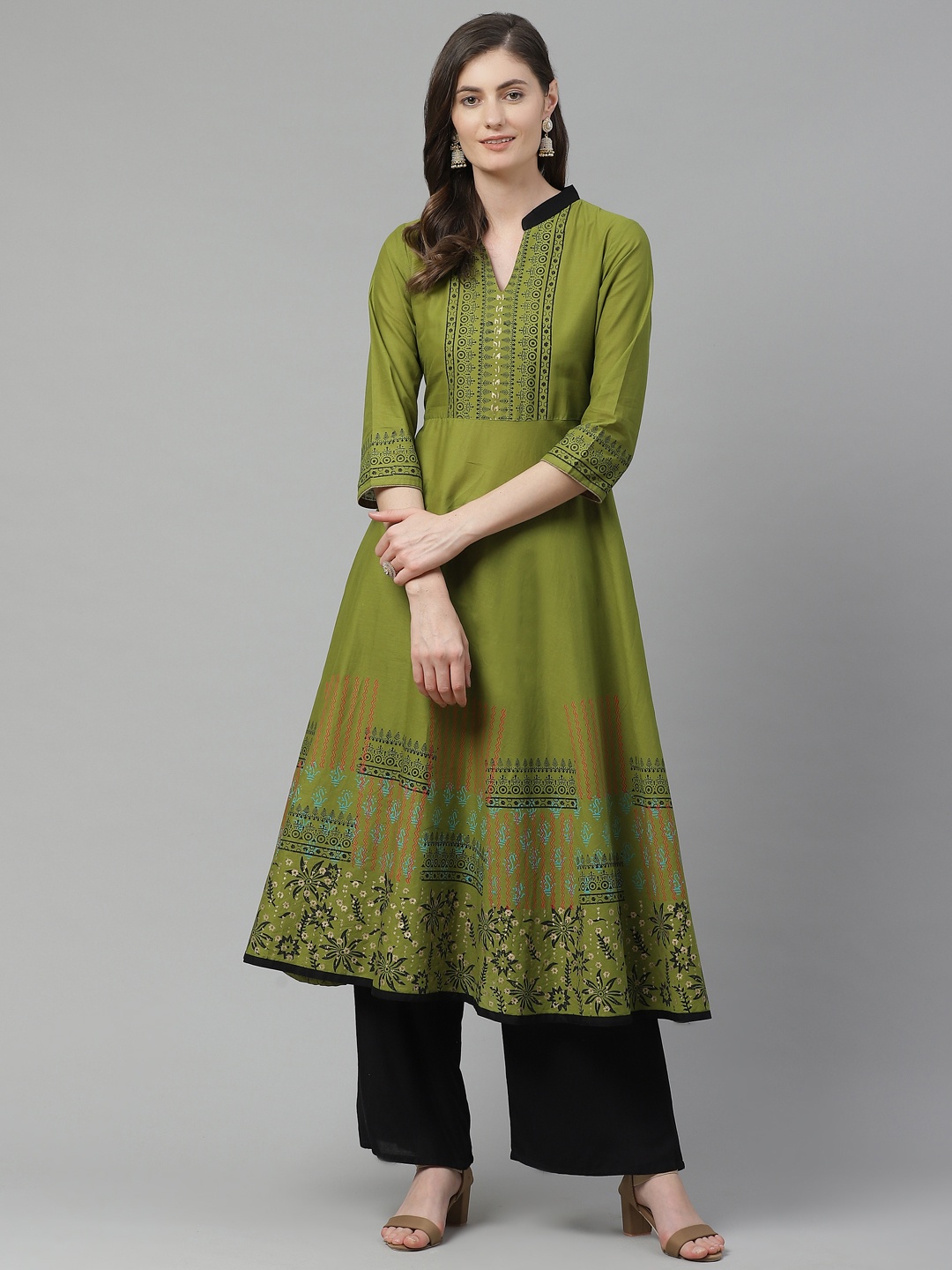 

Akshatani Women Green & Black Cotton Ethnic Motifs Hand Block Print A-Line Kurta
