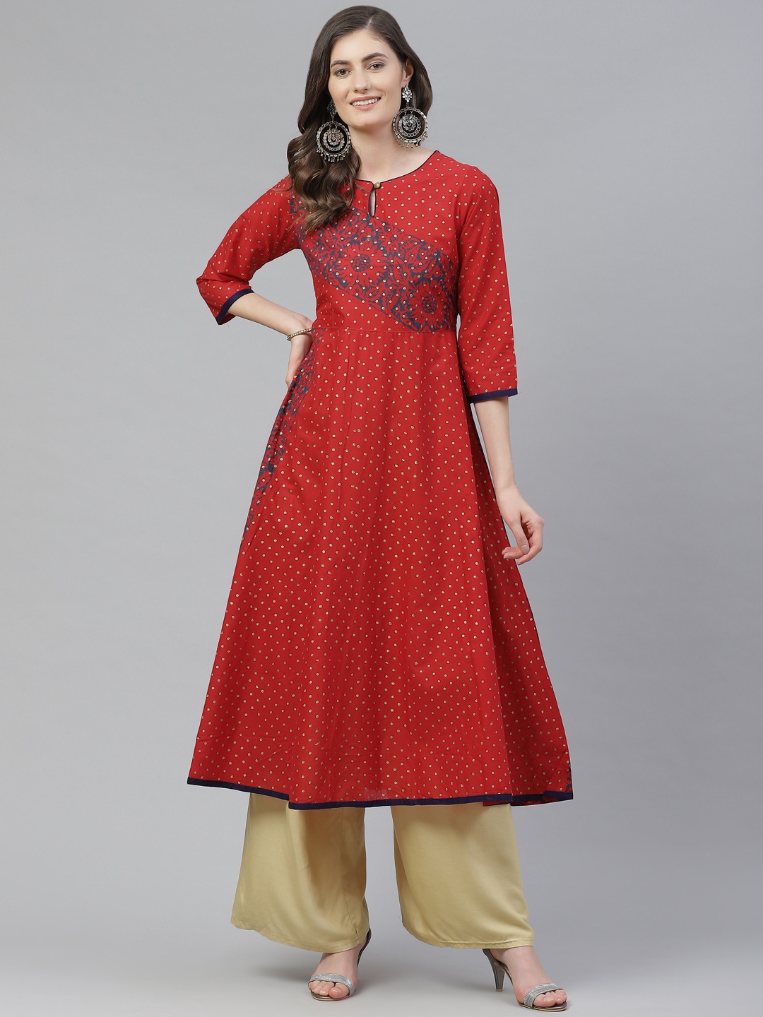 

Akshatani Women Red Cotton Ethnic Motifs Keyhole Neck Hand Block Print A-Line Kurta