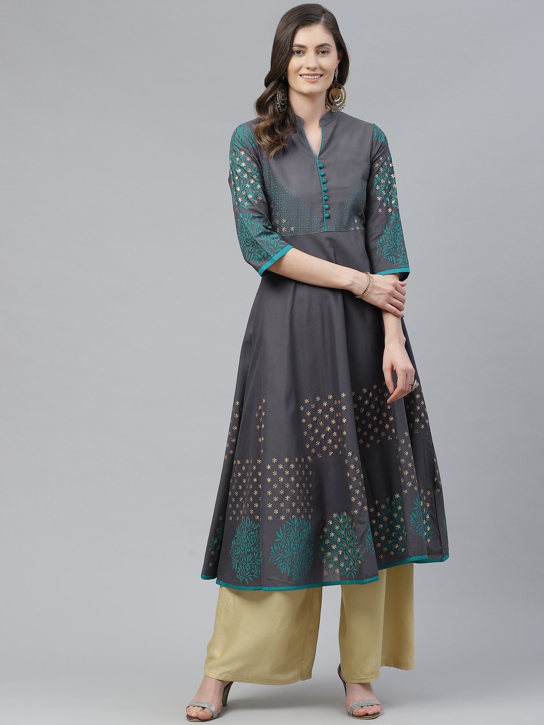 

Akshatani Women Charcoal Grey & Golden Cotton Ethnic Motifs Hand Block Print A-Line Kurta