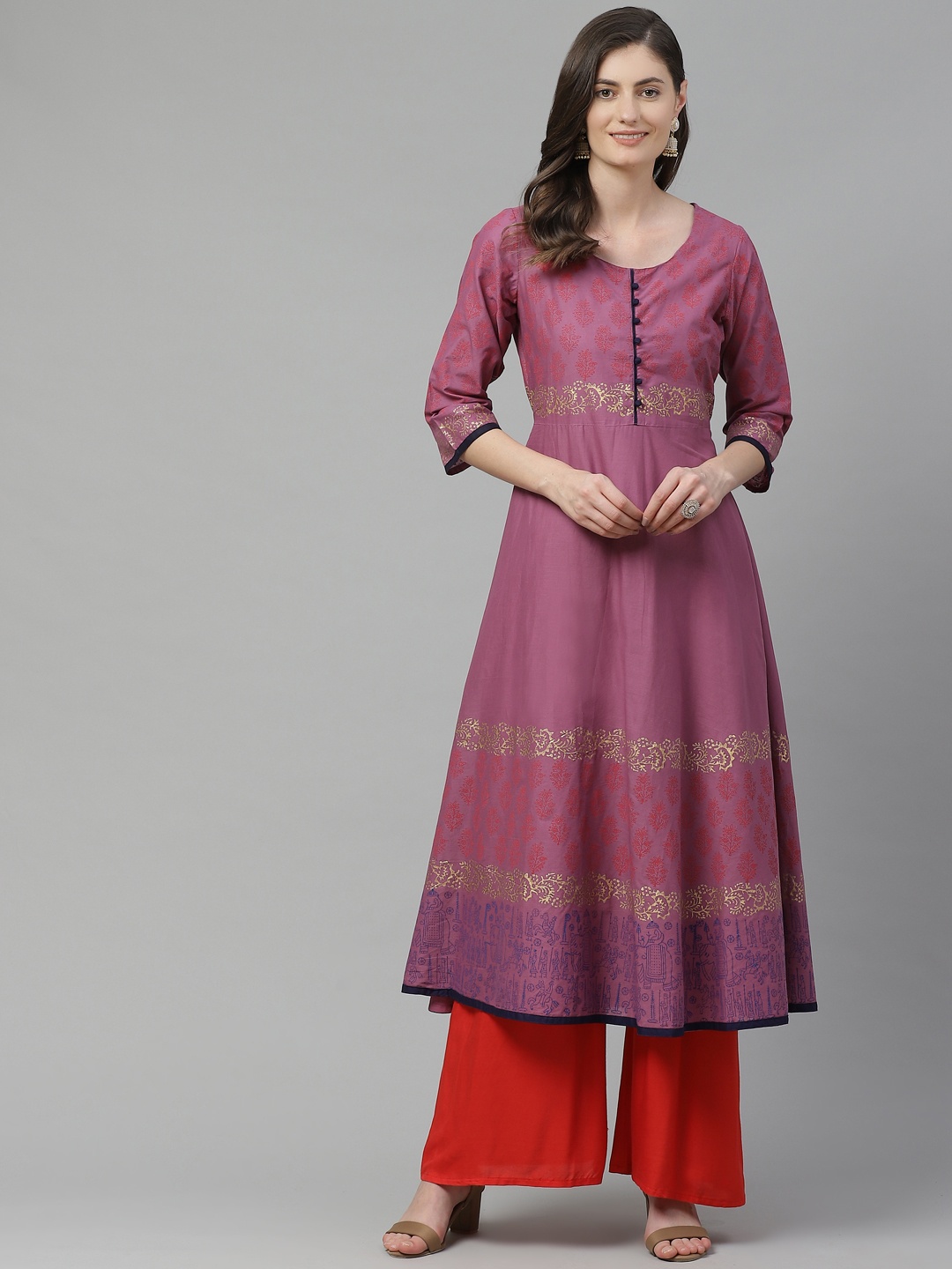 

Akshatani Women Pink & Maroon Cotton Ethnic Motifs Hand Block Print A-Line Kurta