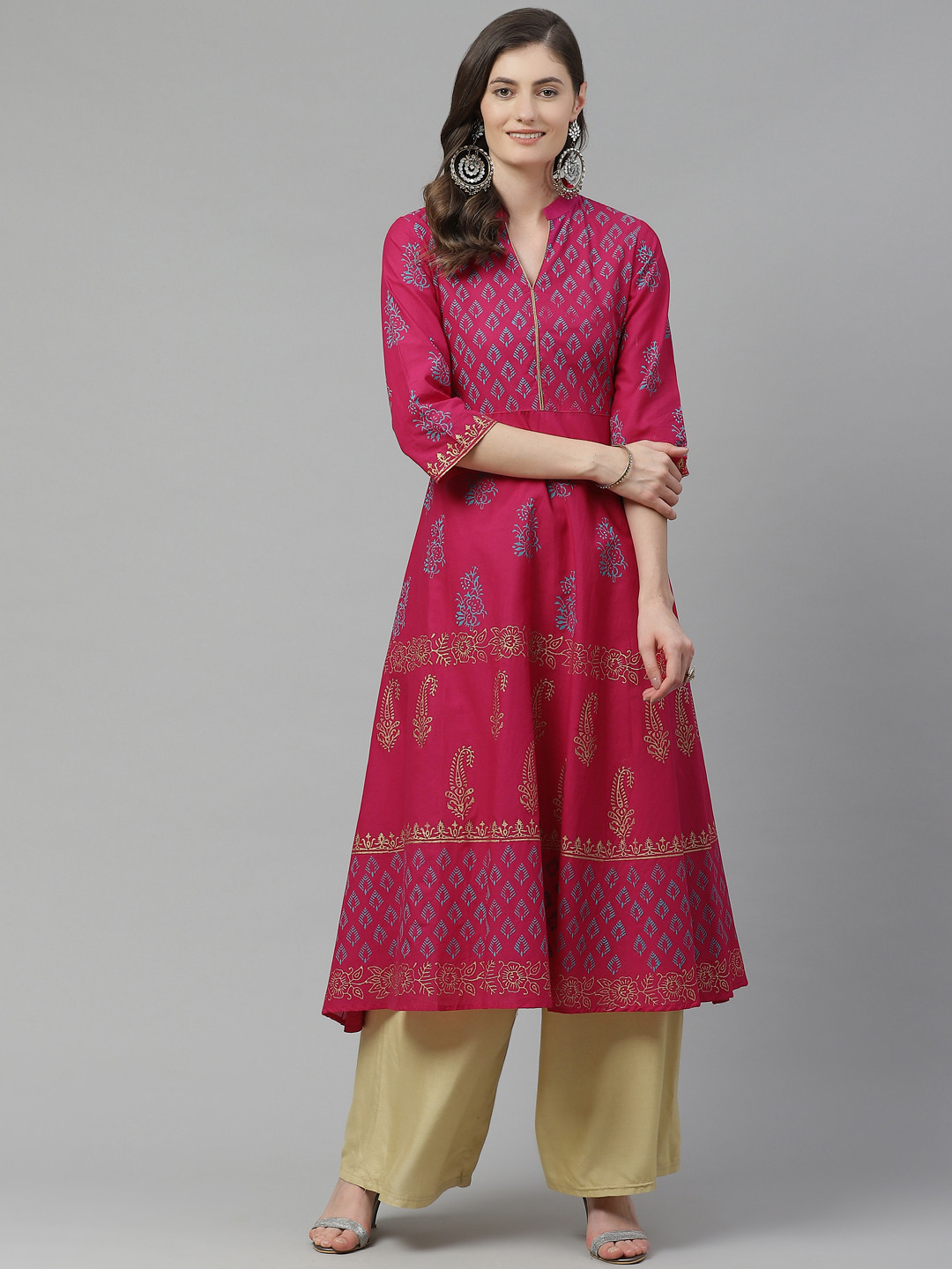 

Akshatani Women Pink & Blue Cotton Ethnic Motifs Hand Block Print A-Line Kurta