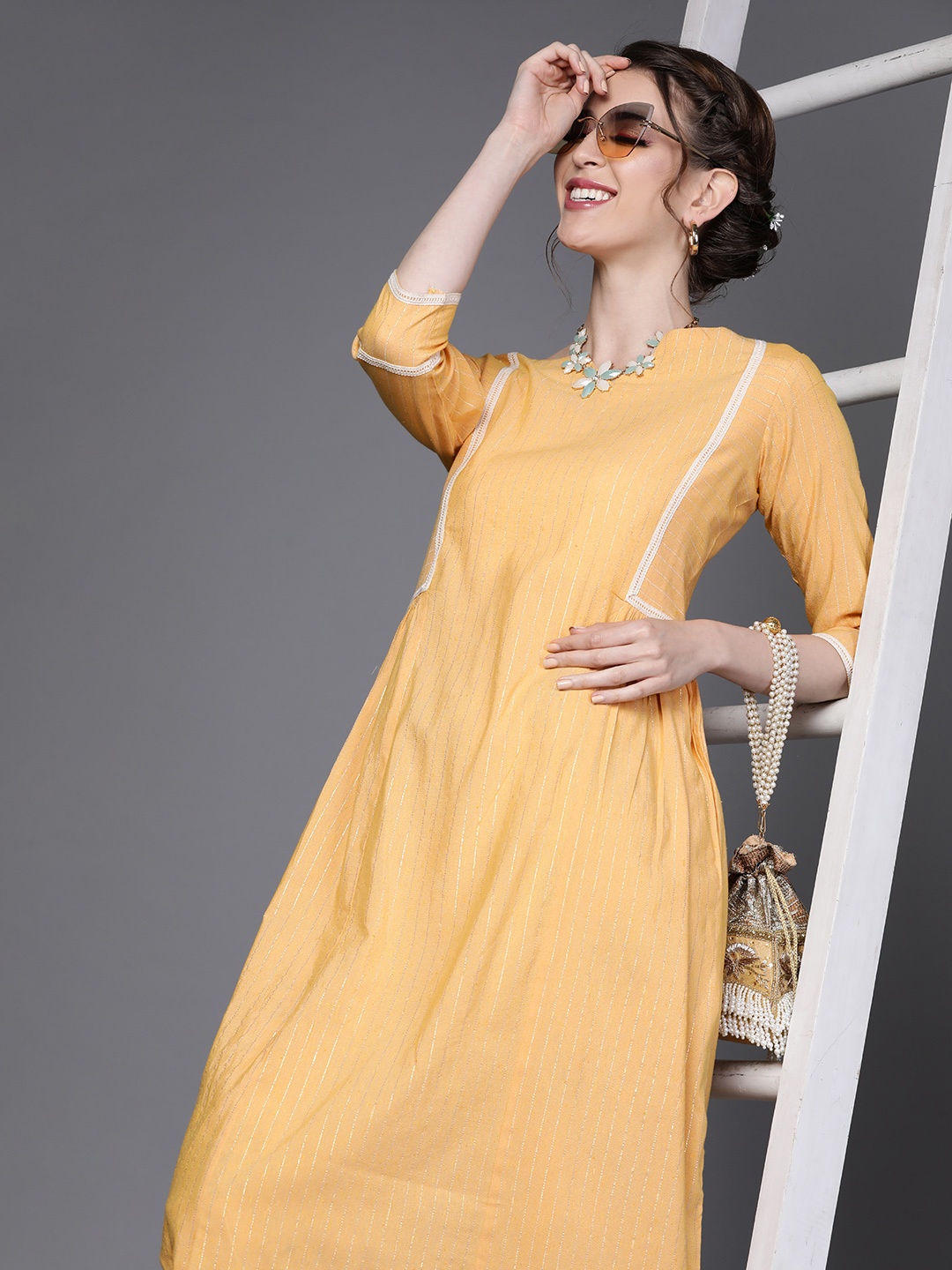 

Inddus Women Mustard Yellow Pure Cotton Stripe Laced Kurta