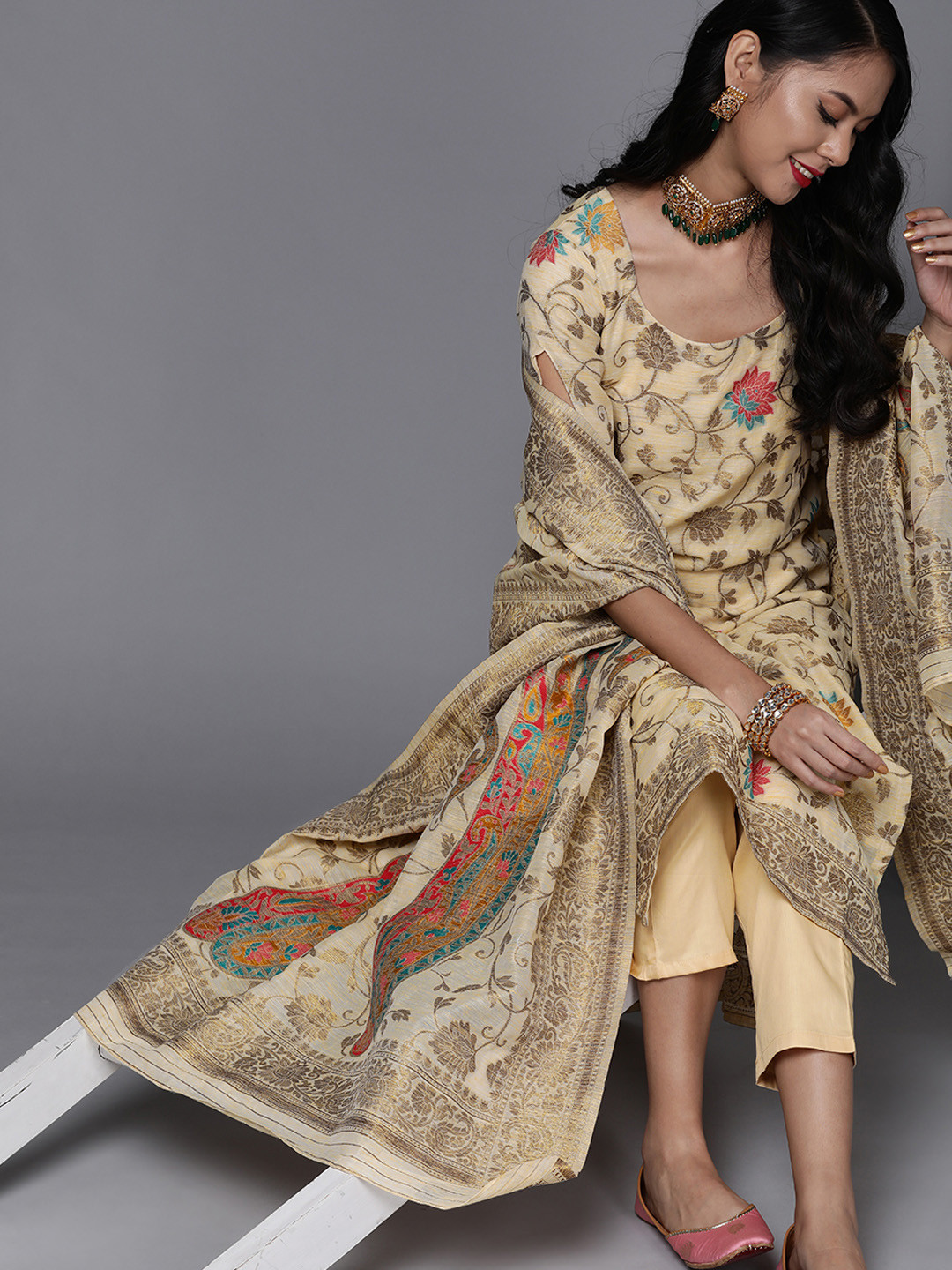 

Inddus Alluring Cream-Coloured & Golden Woven Design Unstitched Dress Material