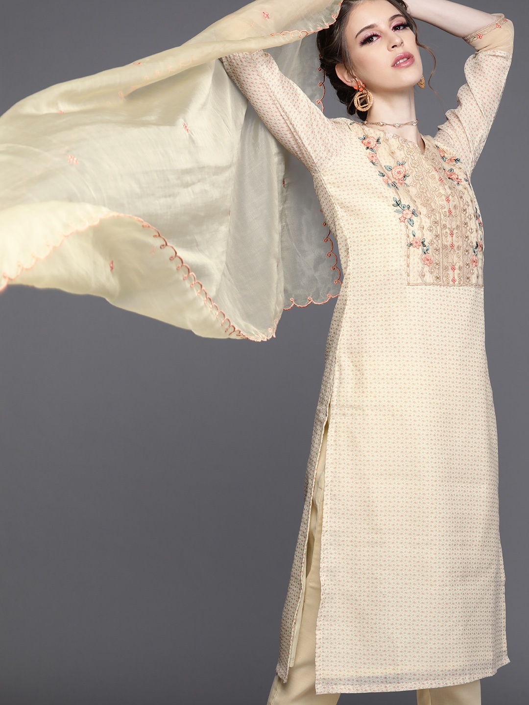 

Inddus Women Yellow & Beige Printed Kurta with Trousers & Dupatta