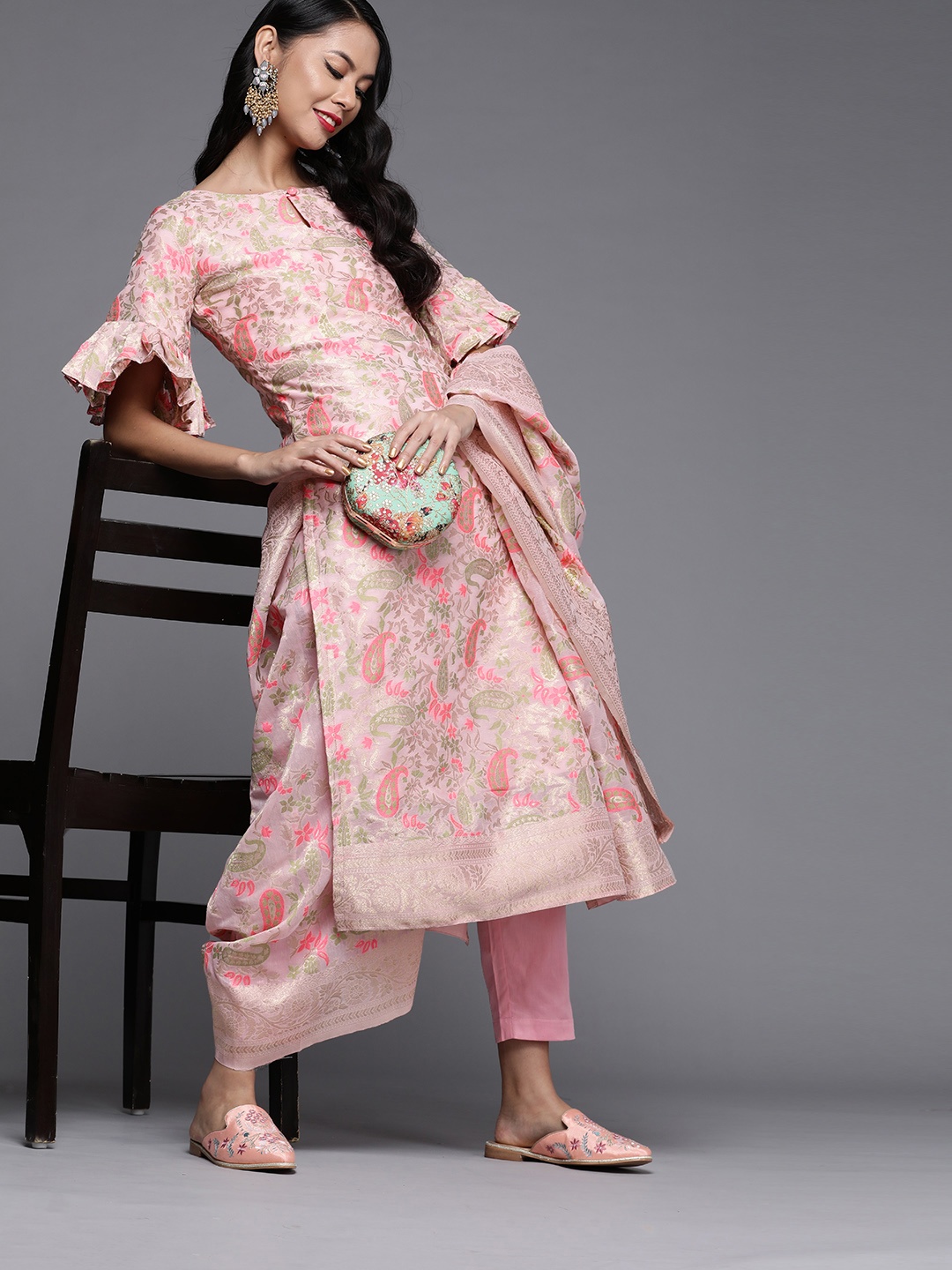 

Inddus Peach-Coloured & Pink Woven Design Unstitched Dress Material