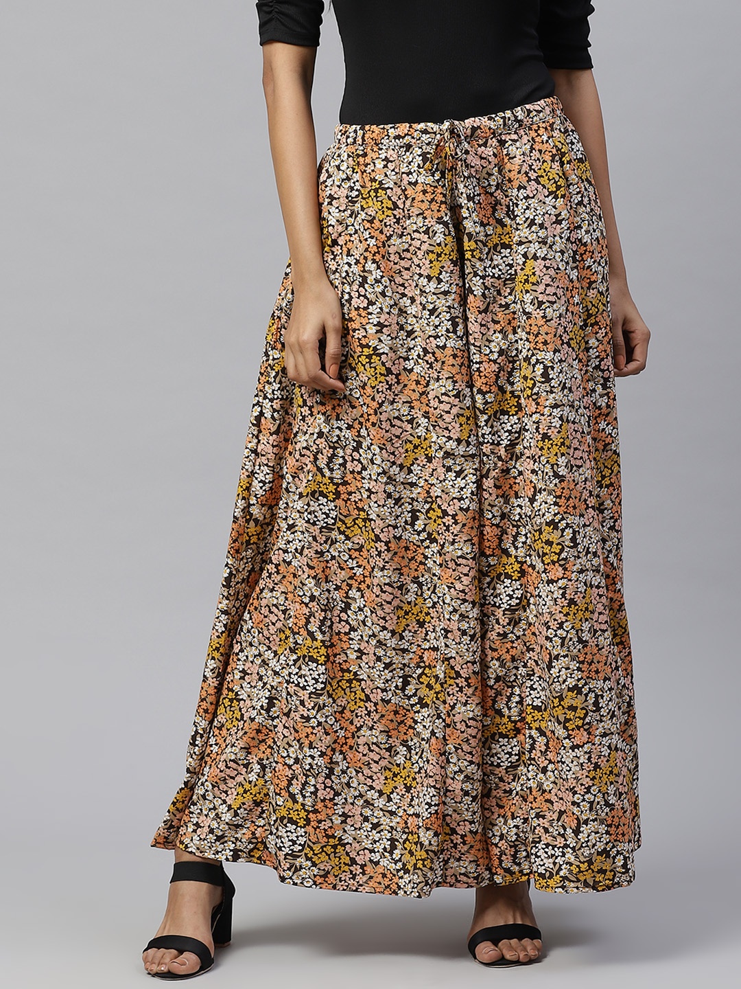 

I AM FOR YOU Women Beige & Black Ditsy Floral Print Wide Leg Palazzos