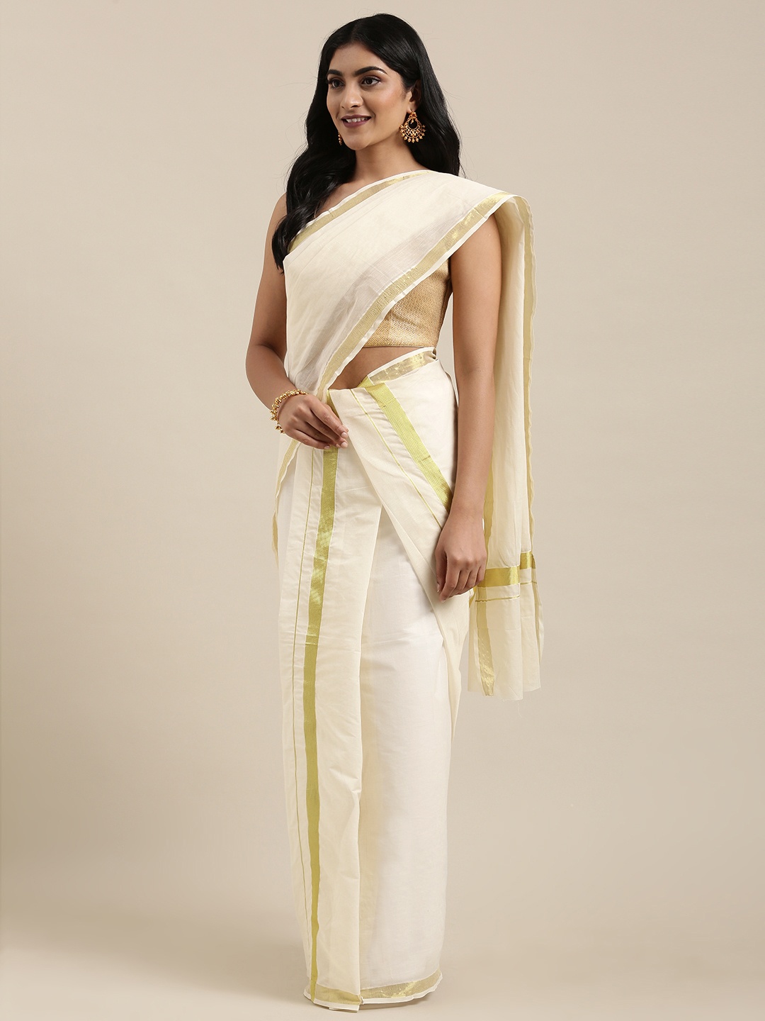 

KALINI White Pure Cotton Solid Kasavu Set Mundu Saree