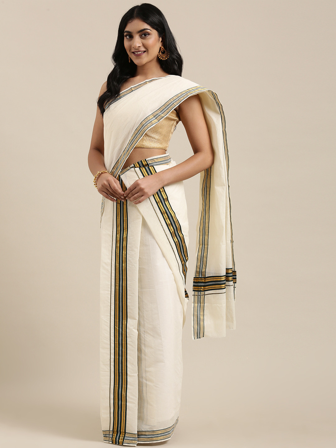 

KALINI Off-White Pure Cotton Solid Kasavu Set Mundu Saree