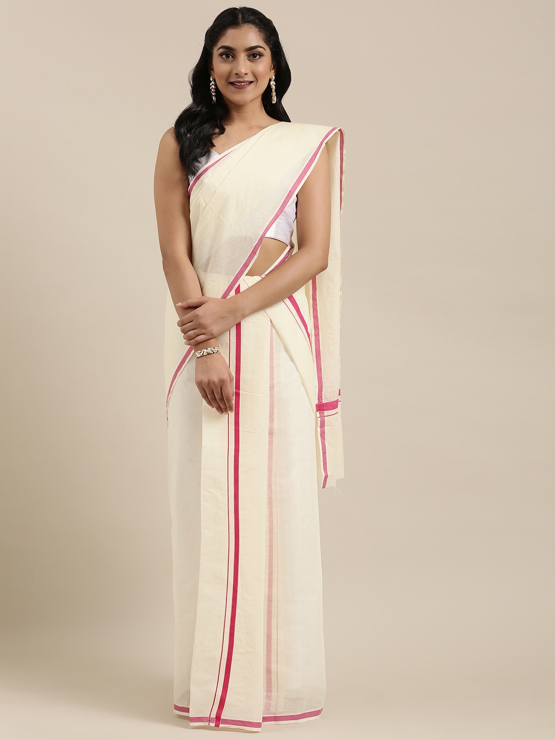 

KALINI Off-White Pure Cotton Solid Kasavu Set Mundu Saree