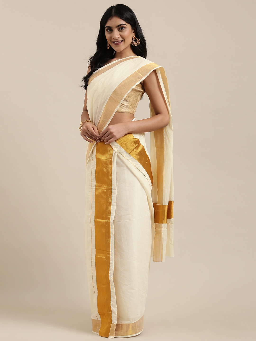 

KALINI Off-White Pure Cotton Solid Kasavu Mundu Saree