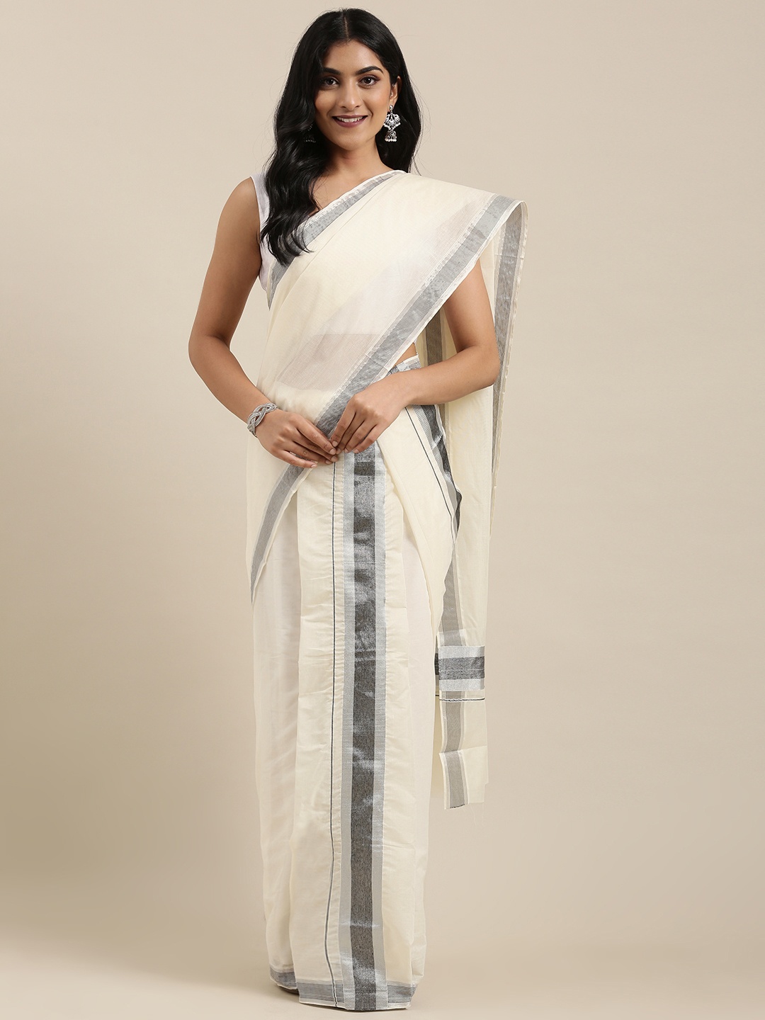 

KALINI Off-White Pure Cotton Solid Kasavu Set Mundu Saree