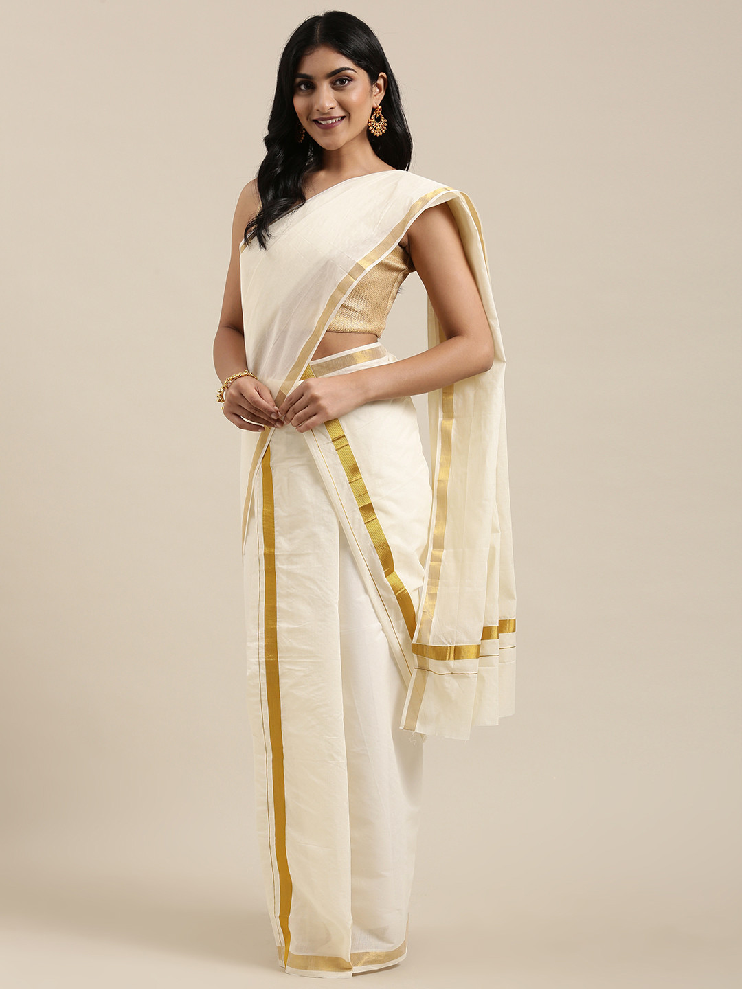 

KALINI Off-White Pure Cotton Solid Kasavu Set Mundu Saree