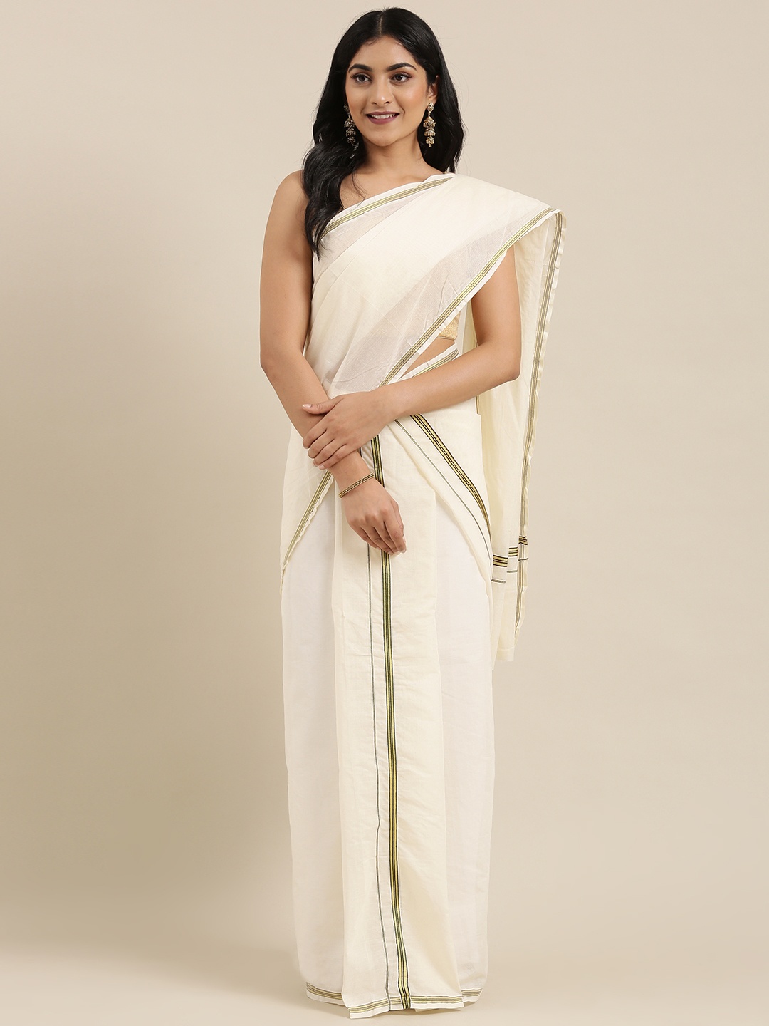 

KALINI Off-White Pure Cotton Solid Kasavu Set Mundu Saree
