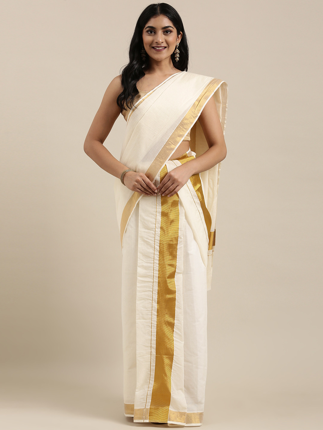 

KALINI Off-White & Gold-Toned Pure Cotton Solid Kasavu Saree
