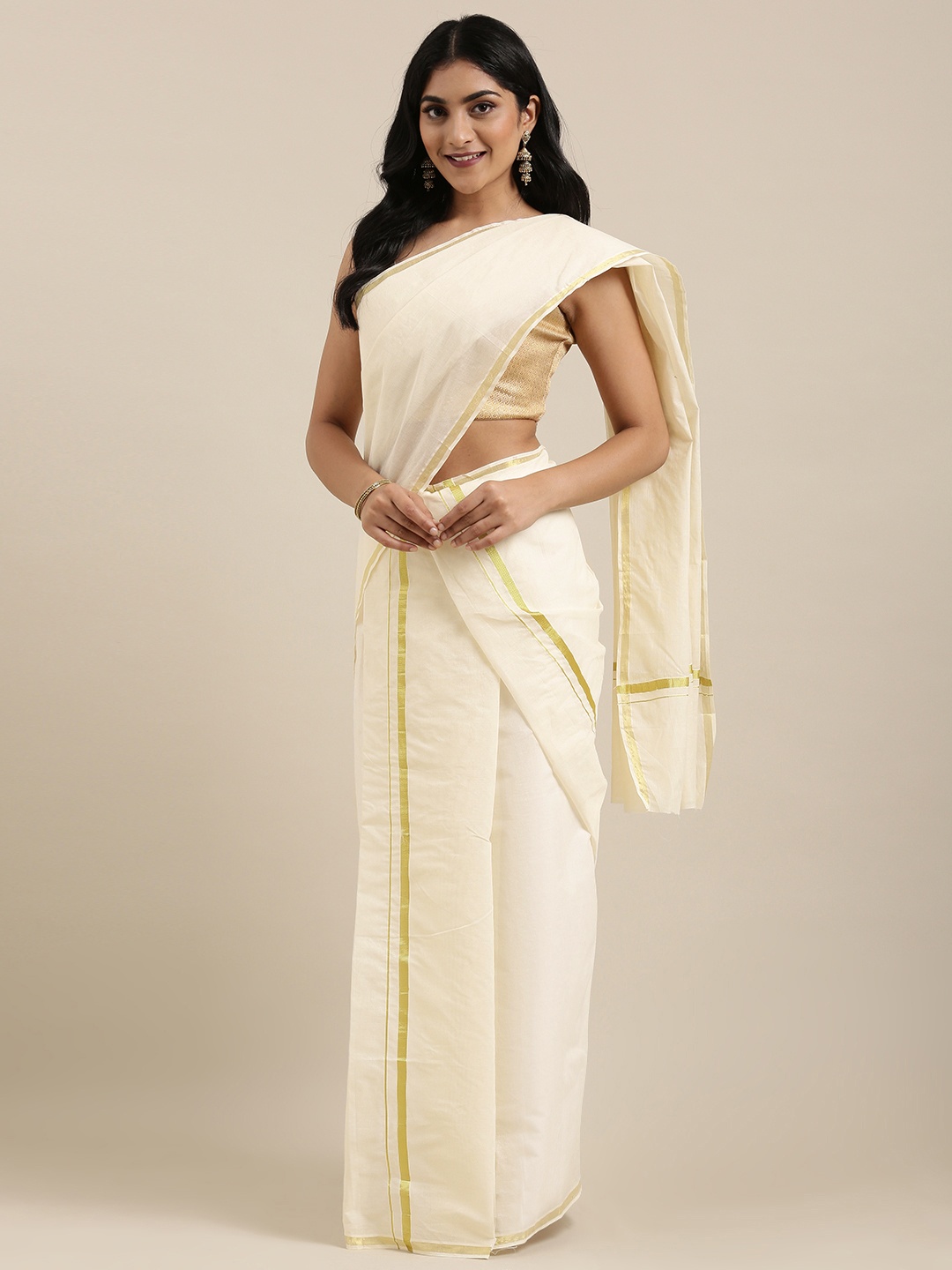 

KALINI Off-White & Gold-Toned Pure Cotton Solid Kasavu Saree