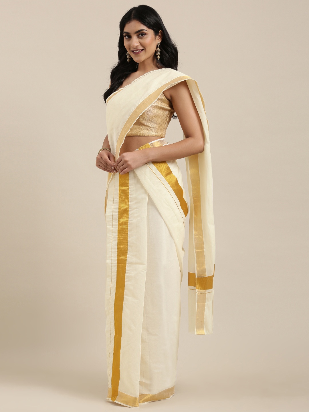 

KALINI Off-White Pure Cotton Solid Kasavu Mundu Saree