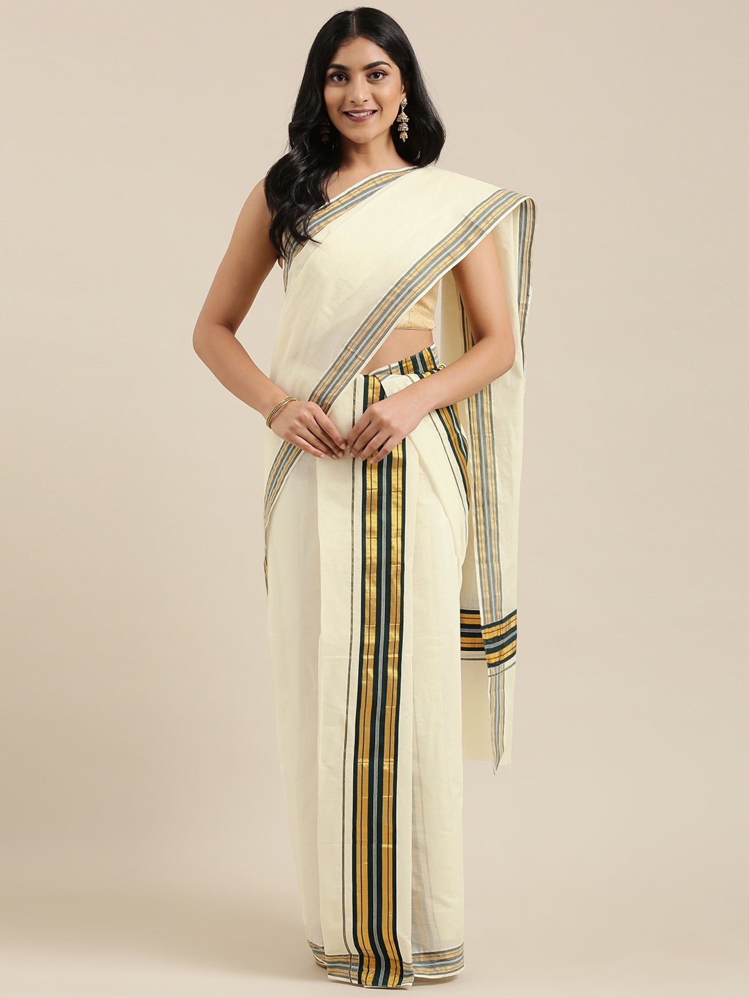 

KALINI Off-White Pure Cotton Solid Kasavu Mundu Saree