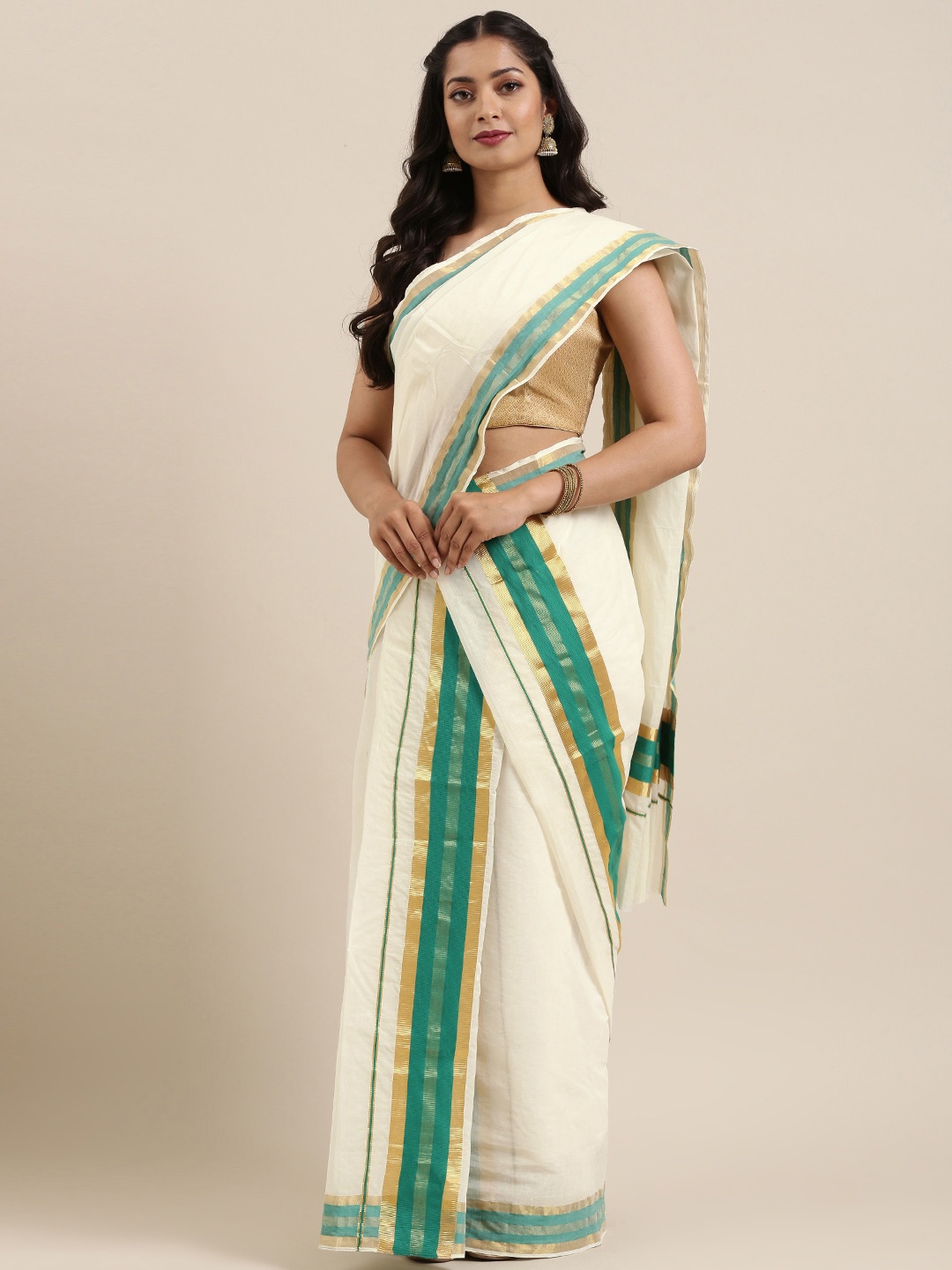 

Mitera Off-White Kerala Pure Cotton Solid Kasavu Mundu Saree