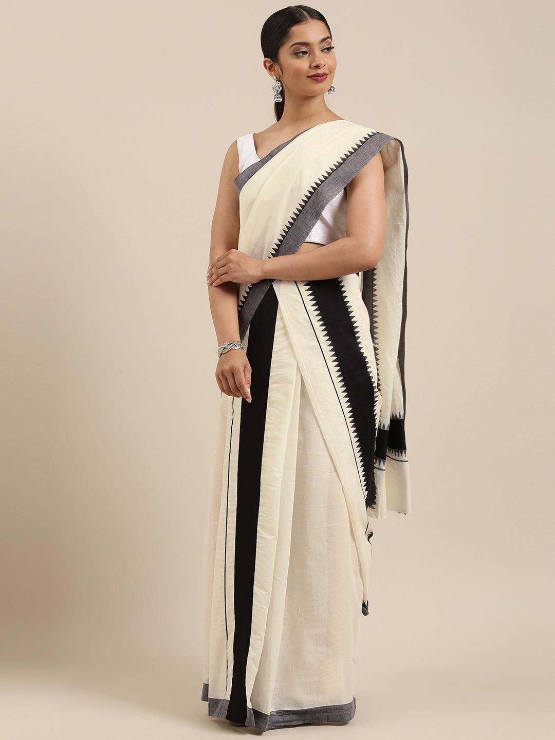 

Mitera Off-White & Black Pure Cotton Woven Design Kasavu Mundu Saree