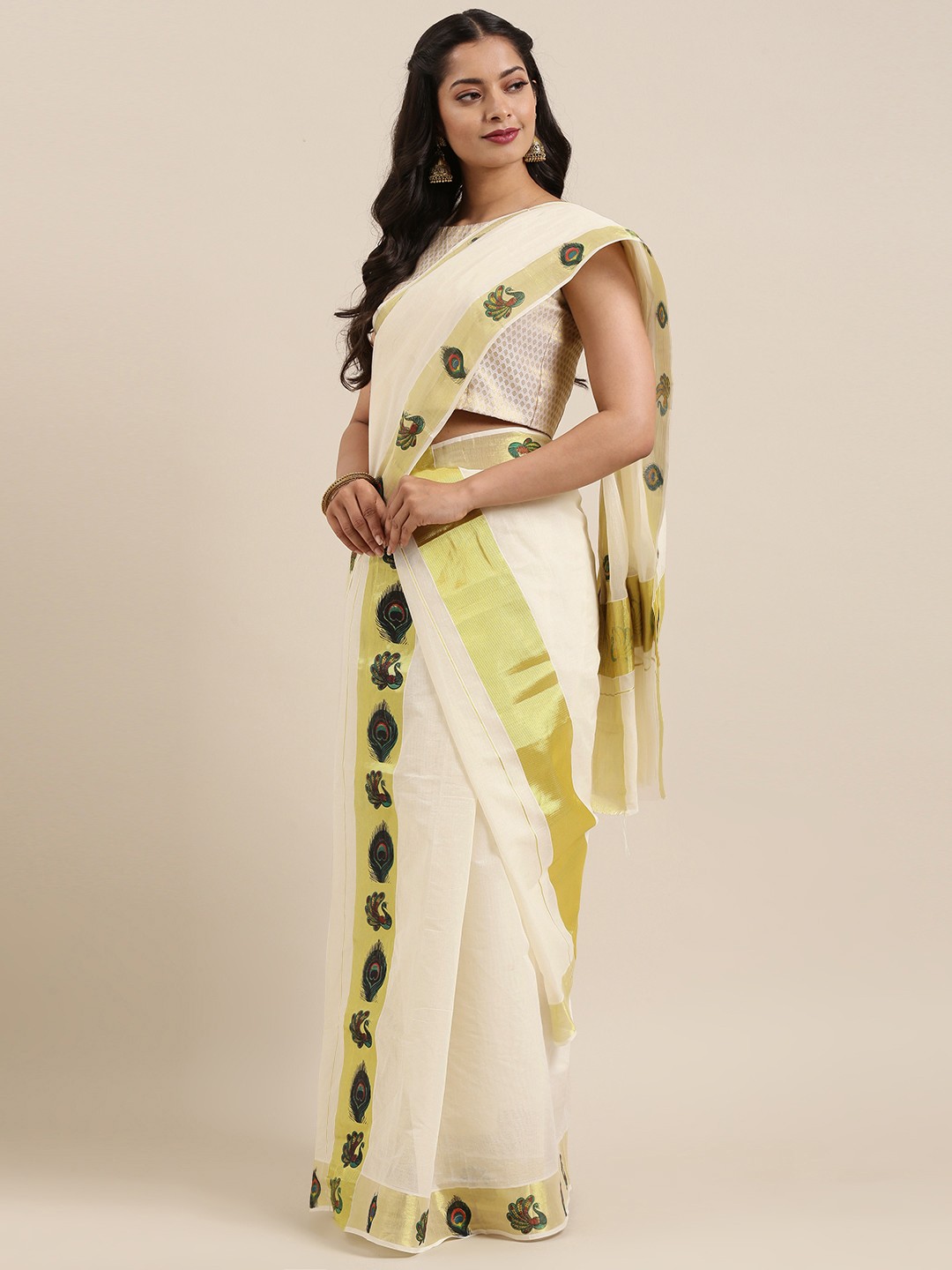 

Mitera Off-White Pure Cotton Solid Kasavu Set Mundu Saree