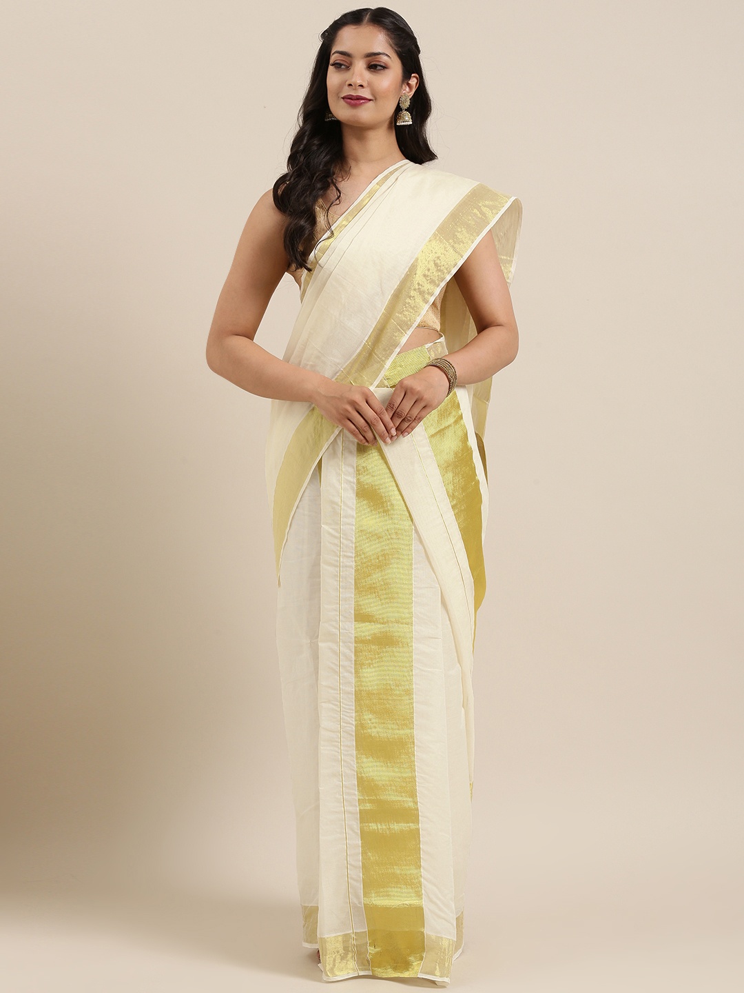 

Mitera Off-White KERALA Pure Cotton Woven Design Kasavu MUNDU Saree