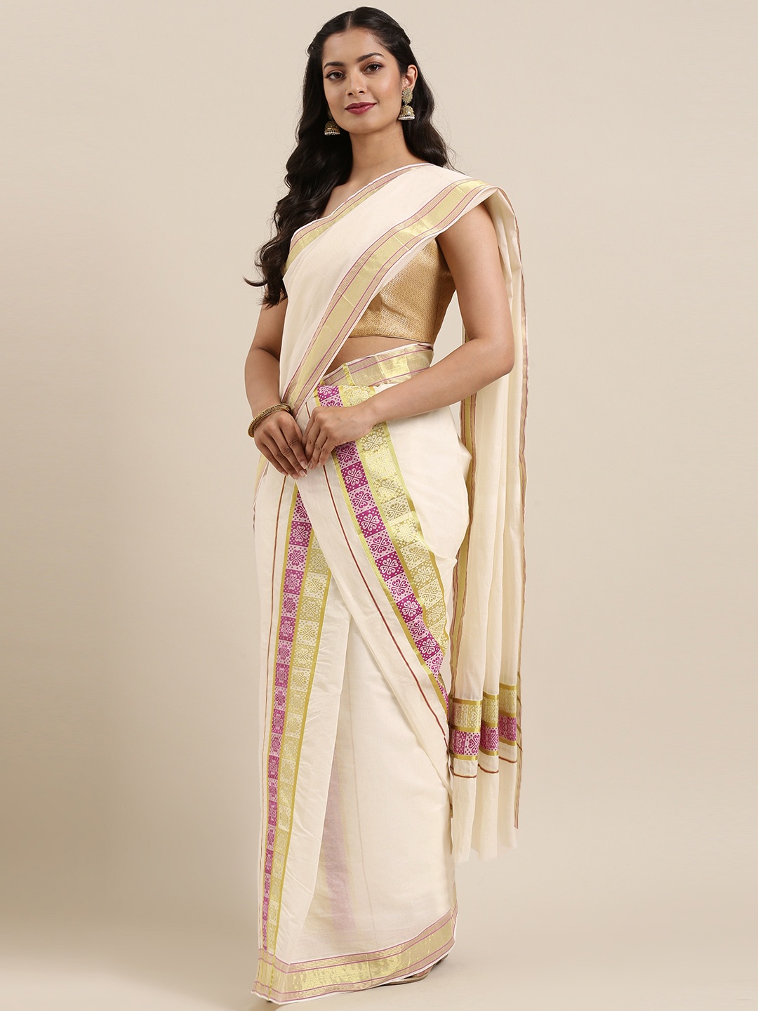 

Mitera Off-White & Gold-Toned Pure Cotton Woven Design Kasavu Saree