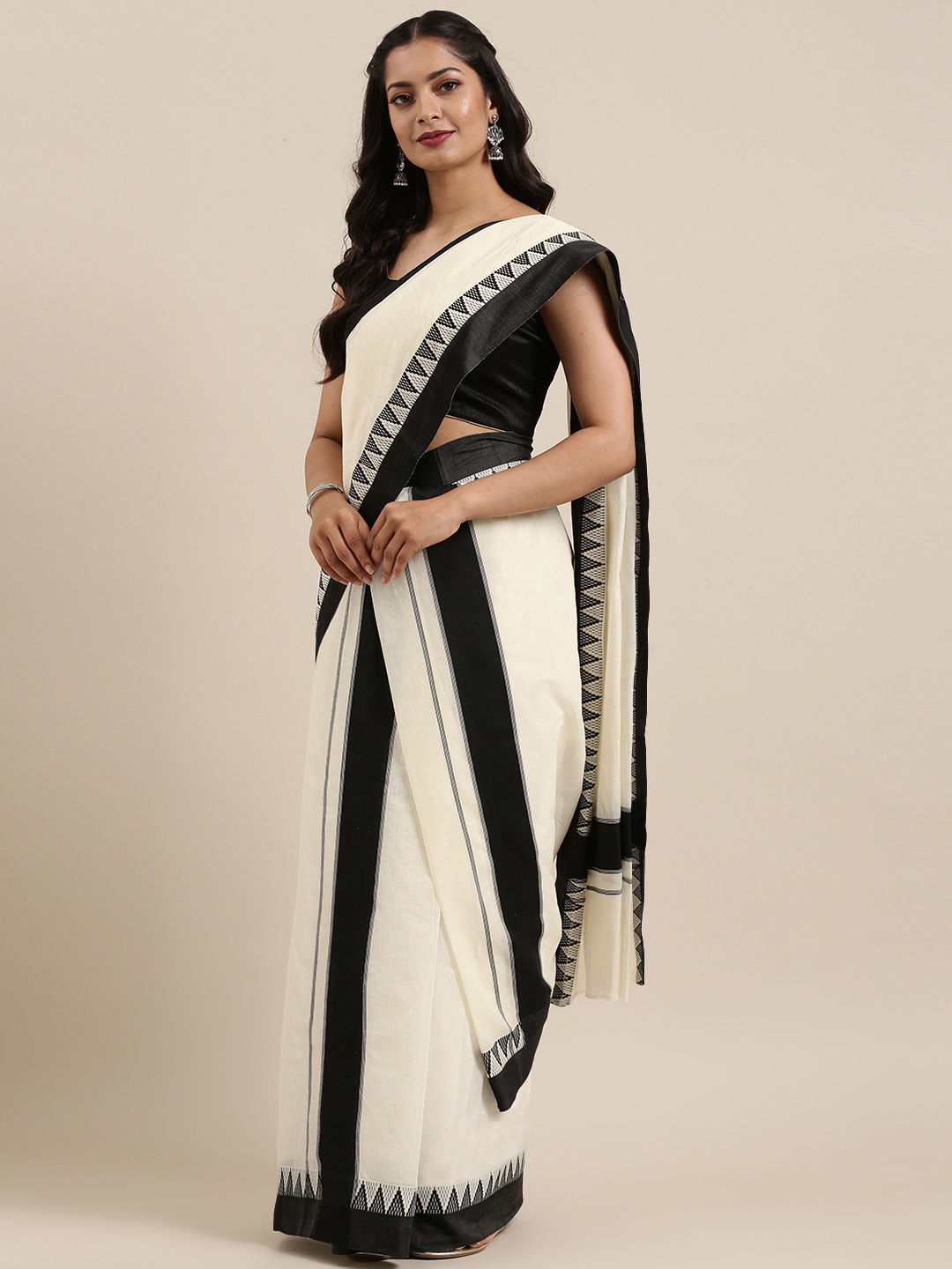 

Mitera Off-White Pure Cotton Solid Kasavu Mundu Saree