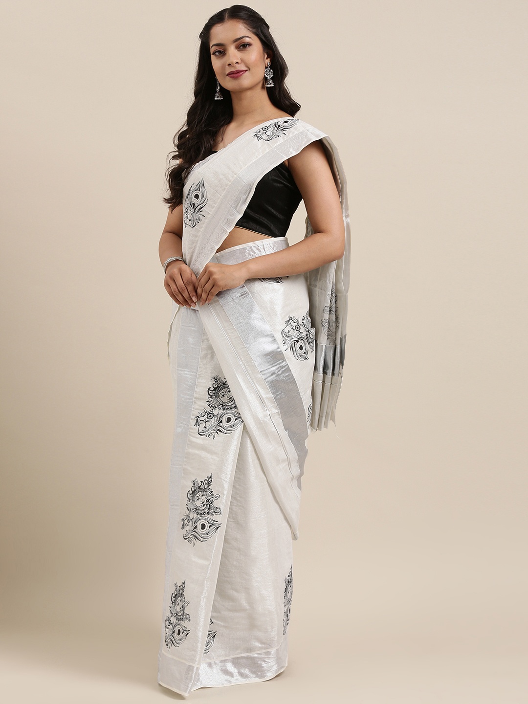 

Mitera Silver-Toned & Black Pure Cotton Printed Handloom Kasavu Mundu Saree