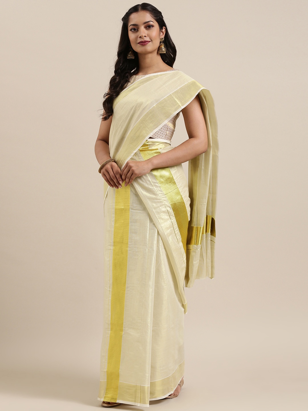 

Mitera Off-White & Gold-Toned Pure Cotton Woven Design Kasavu Saree